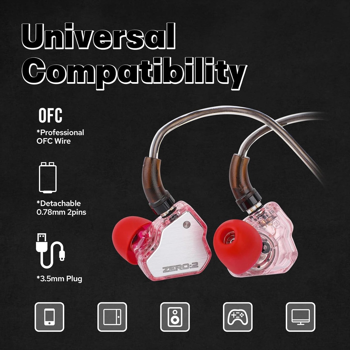 Linsoul 7Hz x Crinacle Zero:2 in Ear Monitor, Updated 10mm Dynamic Driver IEM, Wired Earbuds Earphones, Gaming Earbuds, with OFC IEM Cable for Musician (Pink)