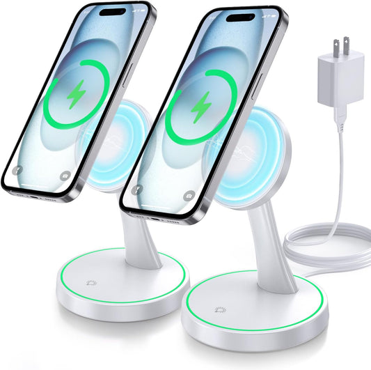 2 Pack Magnetic Wireless Charger Stand 15W Fast Mag-Safe Charger for iPhone 16/16 Pro/16 Plus/16 Pro Max/15/14/13/12 Series Magnet Wireless Charging Station/Pad with Sleep-Friendly Light for AirPods