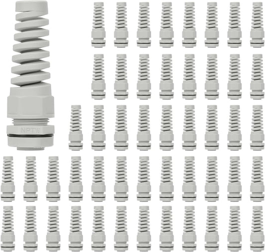 LeMotech 50Pcs NPT 1/2" IP68 Waterproof Cable Gland Flex Spiral Strain Relief Grey Nylon Joint with Gaskets for 6-12mm Wire Thread