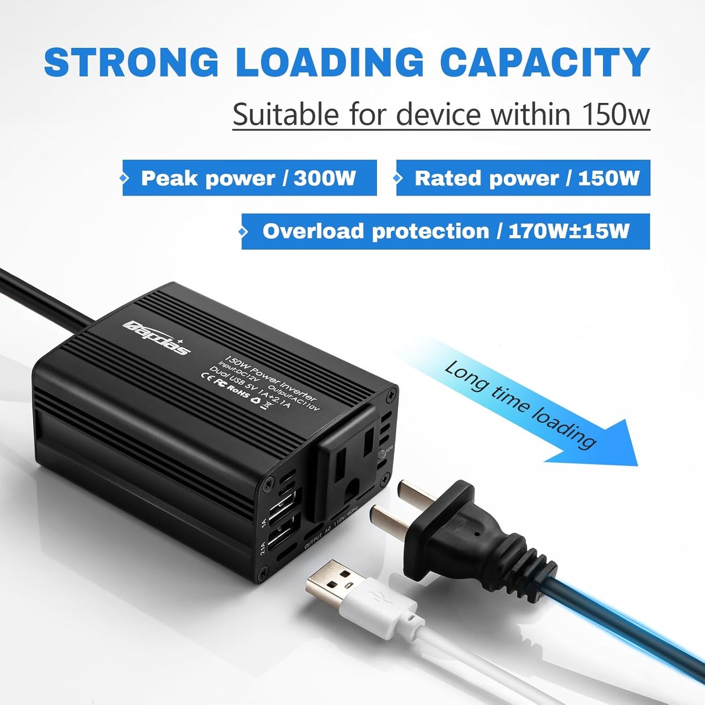 150W Car Power Inverter DC 12V to 110V AC Car Adapter for Plug Outlet with 3.1A Dual USB Car Charger for Laptop Computer-Black