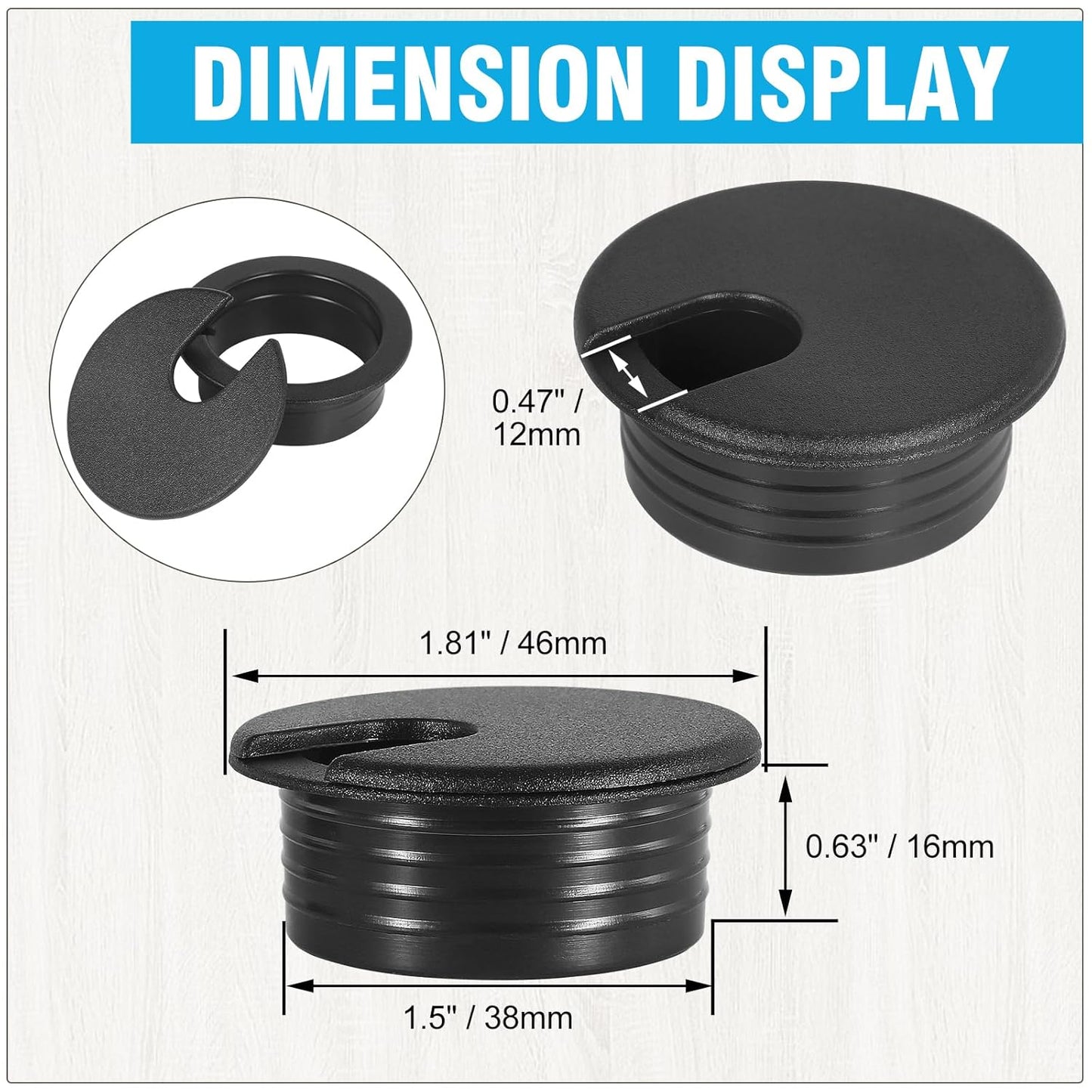 1-1/2" Black Desk Grommet，JTemgle Plastic Cable Hole Cover Computer Table Cord Wire Organizer Caps Desktop Cord Management for Home Office TV Stands Tabletops, 10 Pieces