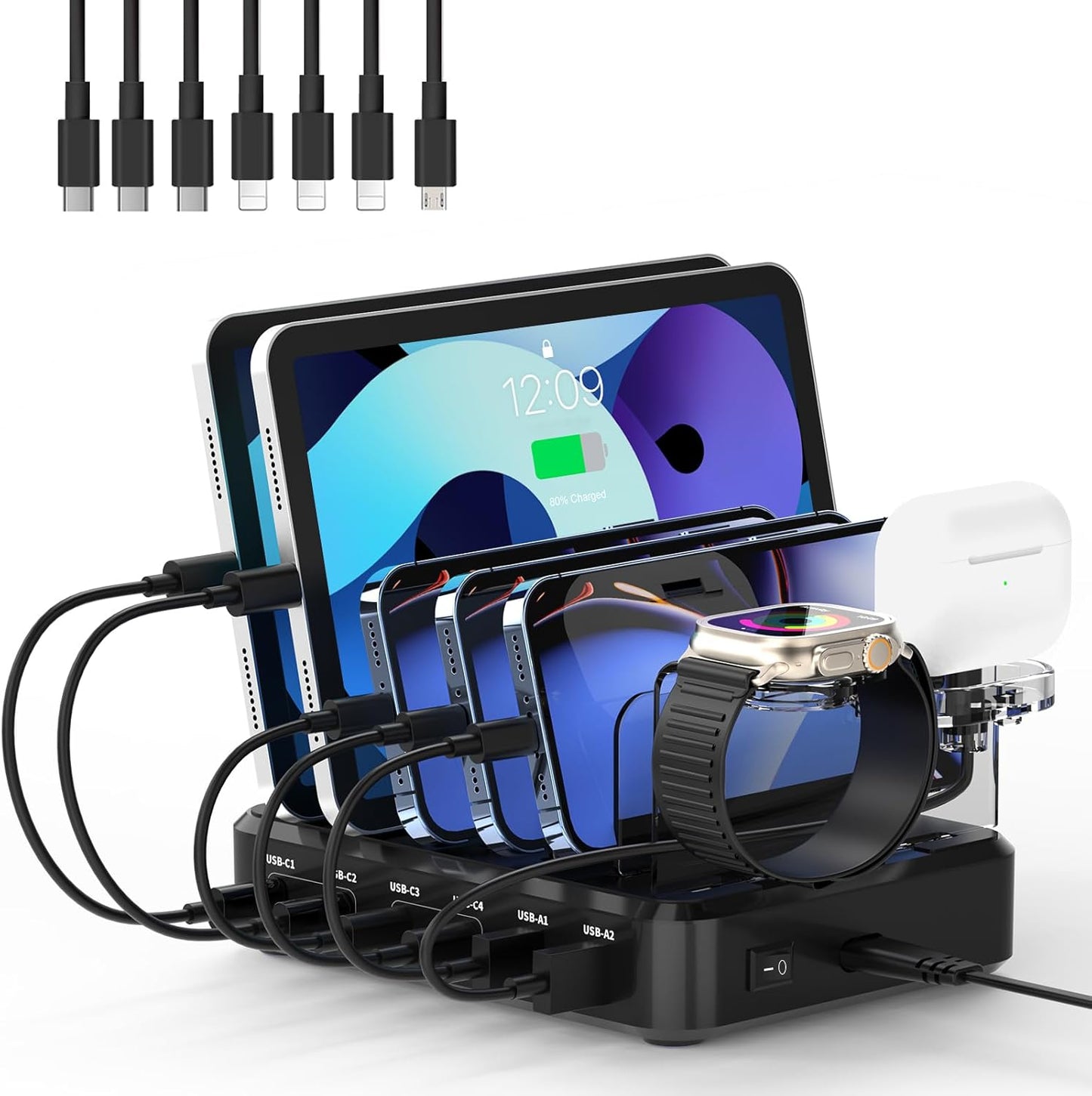 120W USB C Charging Station: 4C2A Port Output Max 65W Fast Charger for MacBook Air Apple iPhone iPad Tablet and Samsung Android Devices (Black)