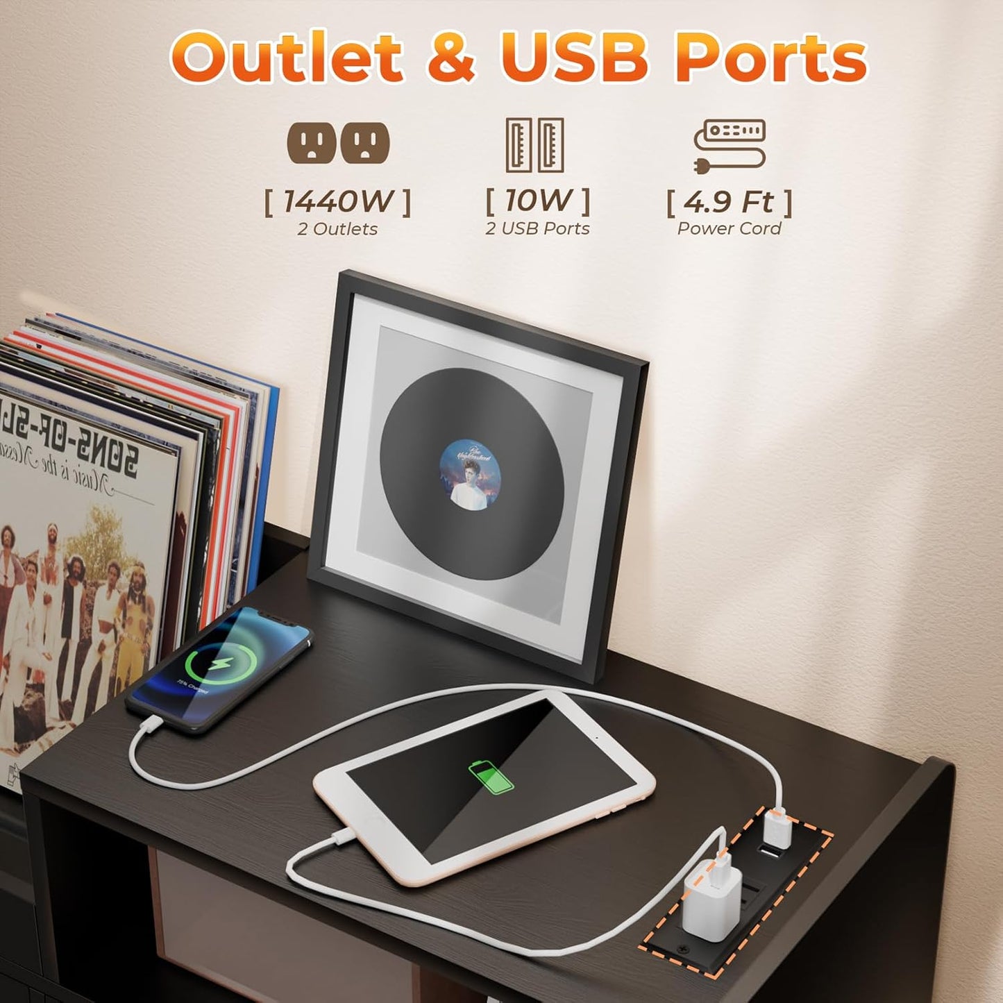 Large Record Player Stand with Sliding Door,350 Vinyl Record Storage Cabinet, Record Player Table with Power Outlet and LED Light,Turntable Stand with Wood Legs for Living Room,Bedroom,Office