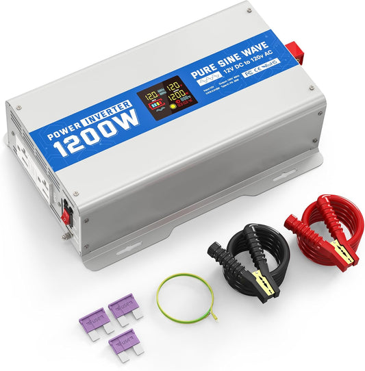 1200W Pure Sine Wave Power Inverter 12V DC to 120V AC Converter 2400 Watt Peak Power Multi-Display Screen with 2 GFCI Outlet 30W USB and 18W Type-C for Car RV Truck Boat Off-Grid, Gray Blue
