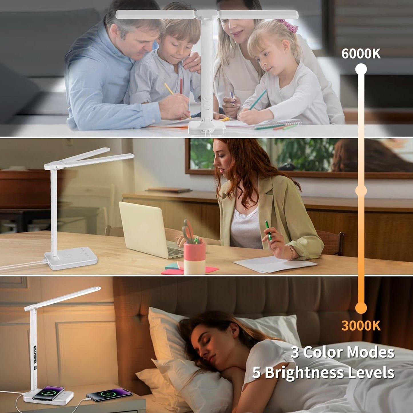 LED Desk Lamp with Charger, USB Charging Port, Dual Swing Arm Desk Light with 5 Brightness, 3 Colors, Table Lamp with Clock, Alarm, Date, Temperature, Desk Lamp for Home Office Study (White)