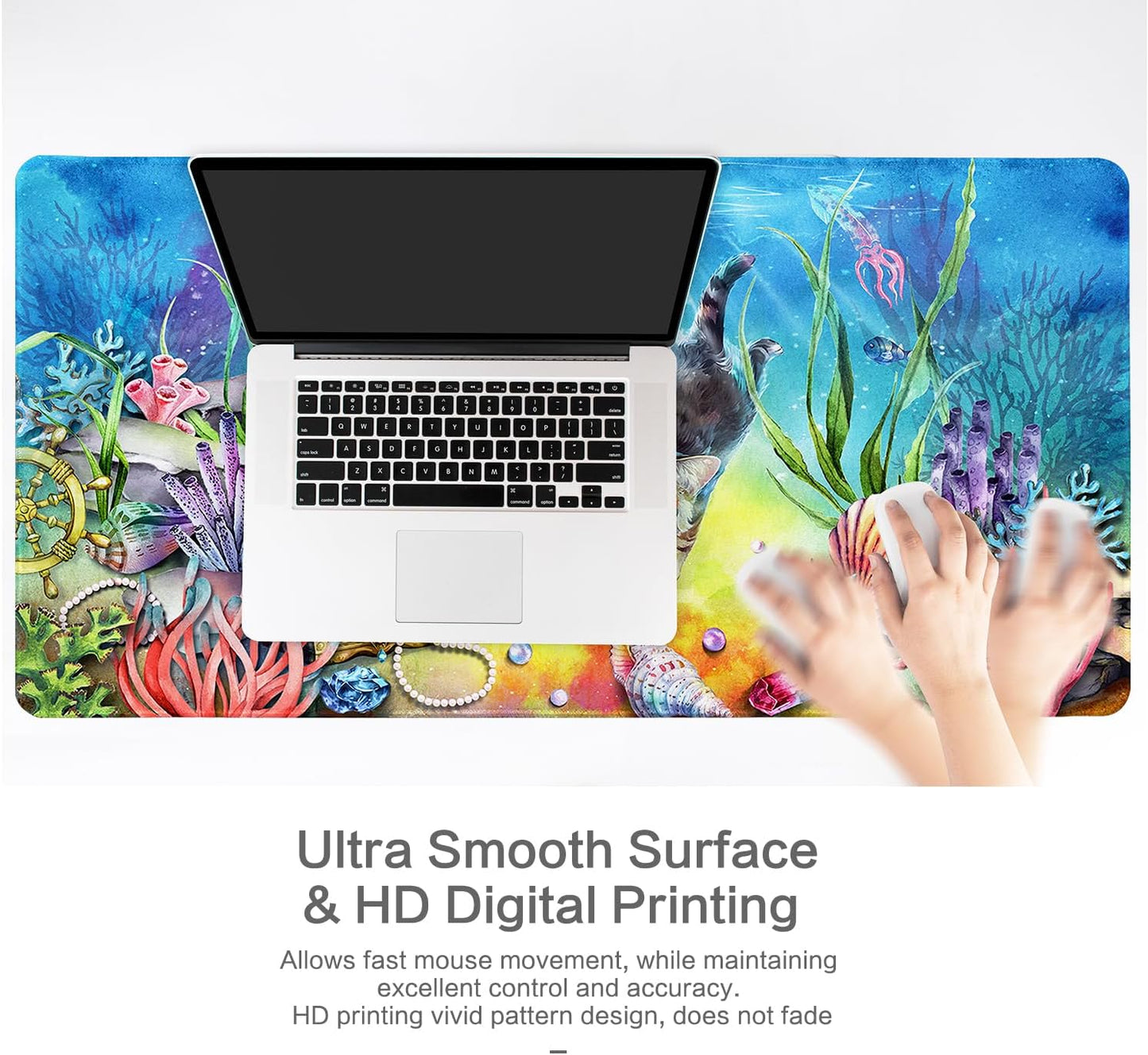 Lokigo Desk Pad Cool Cat, Big Desk Mat Cute Cat Ocean Underworld Extended Large Gaming Mouse Pad for Desk Boys Girls Non-Slip Rubber Base Stitched Edges Mouse Mat Office Home Laptop Desk Matt