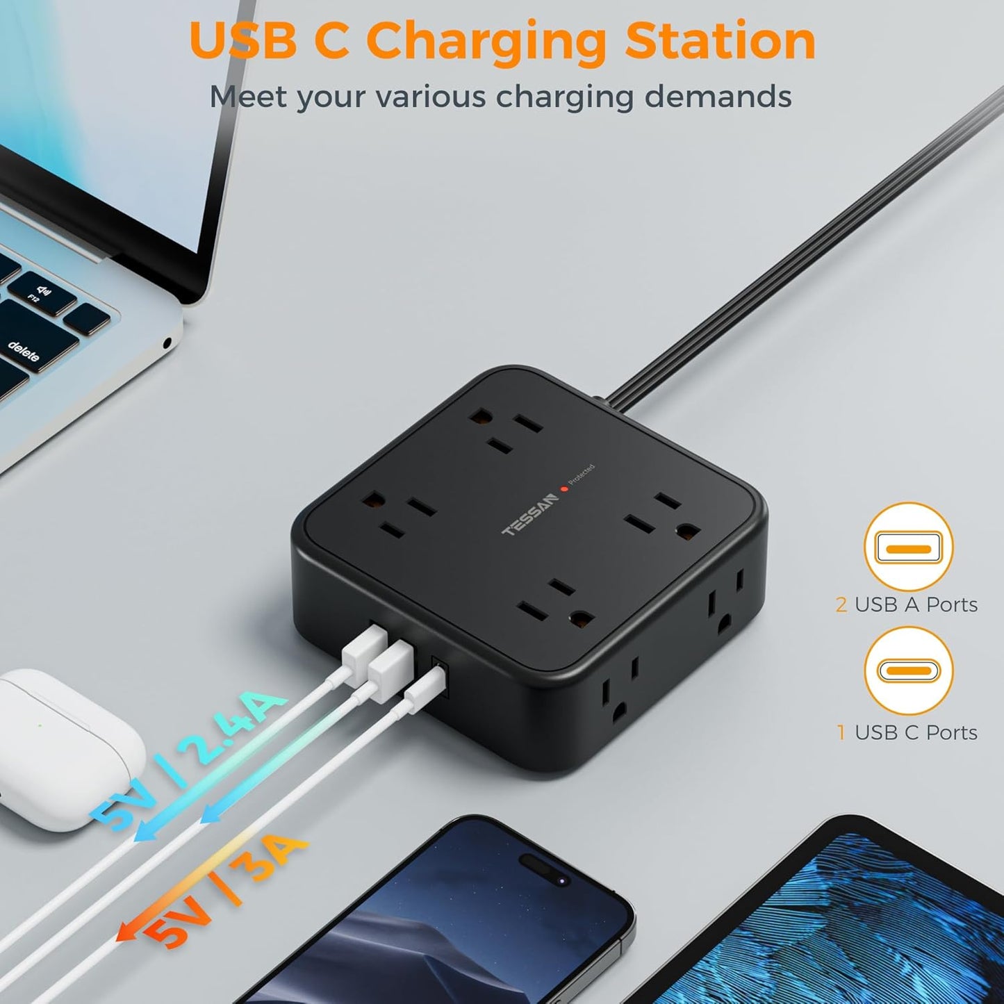 15 FT Extension Cord, TESSAN Ultra Thin Flat Plug Power Strip Surge Protector with 8 Outlets 3 USB Charger(1 USB C), 900J Surge Protection Charging Station for Home Office Dorm Room Essentials, Black