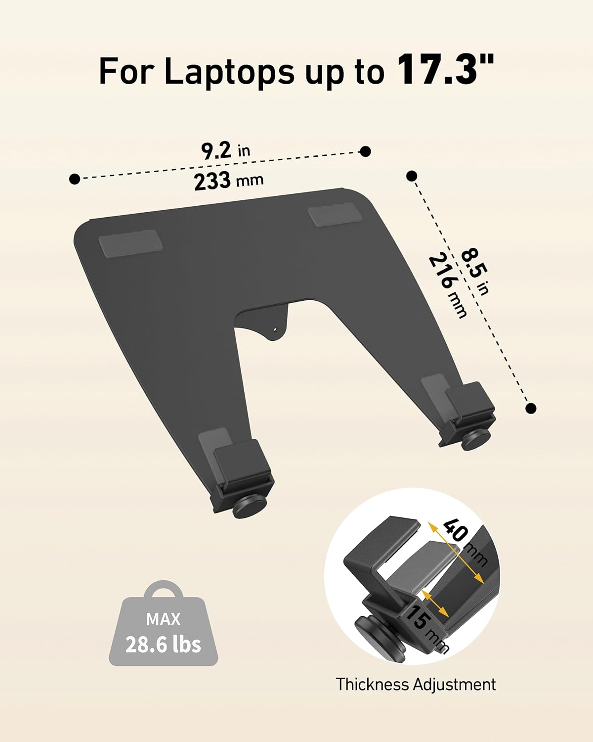 Laptop Tray for Monitor Arm - VESA Mount 100x100mm, Laptops up to 17.3in & 28.6lbs - Notebook Tray Office Desk Accessories - Black