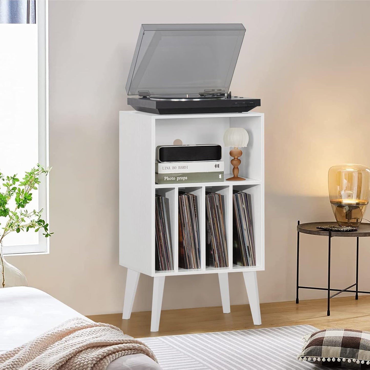 Lerliuo Record Player Stand, White Turntable Stand Holds up to 160 Albums, Mid-Century Vinyl Storage Cabinet Table with Solid Wood Legs, Record Player Holder Dispaly Shelf for Bedroom Living Room