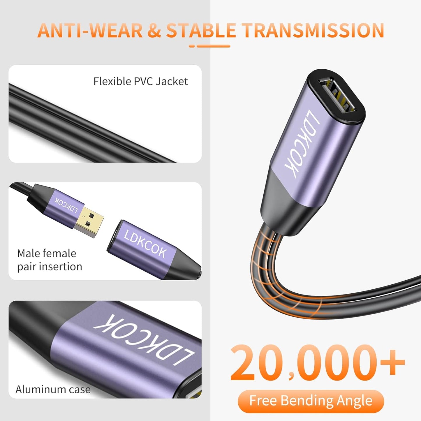 LDKCOK USB 2.0 Type A Male to A Female Active Repeater Extension Cable 60ft, High Speed 480 Mbps