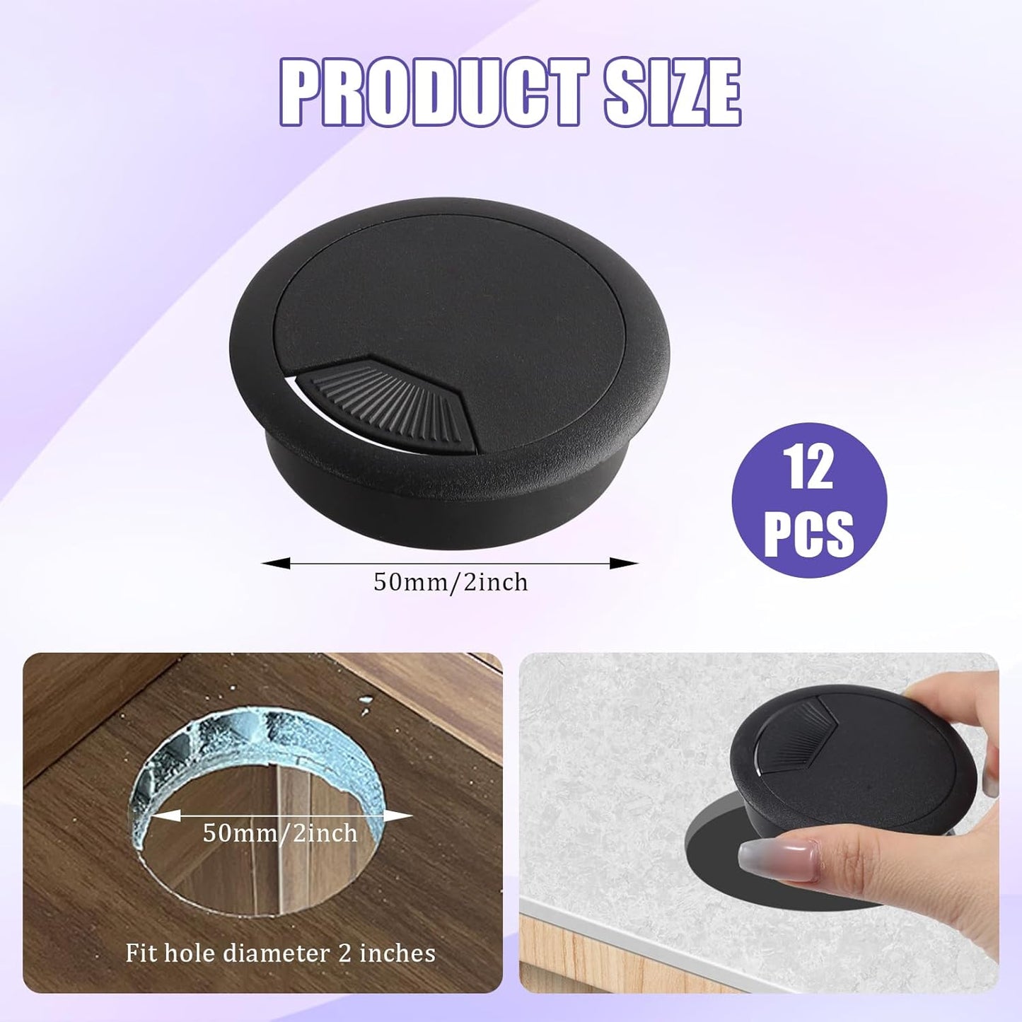 12 Desk Grommet, Desk Hole Cover, Large Capacity, Detachable and Adjustable Cable Organizer, Suitable for Organizing Home and Office Cables (Black, 2 Inches)