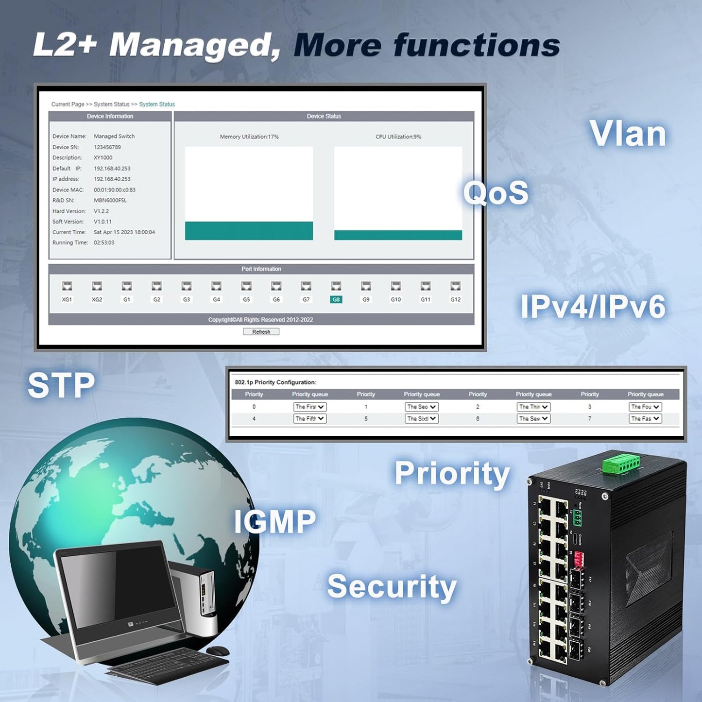 16-Port Gigabit Network Switch with 4 SFP Slot, L2+ Managed PoE Ethernet Switch, Support IEEE802.3af/at, Ring Network, VLAN, STP/RSTP, Plug and Play, Din Rail Installation