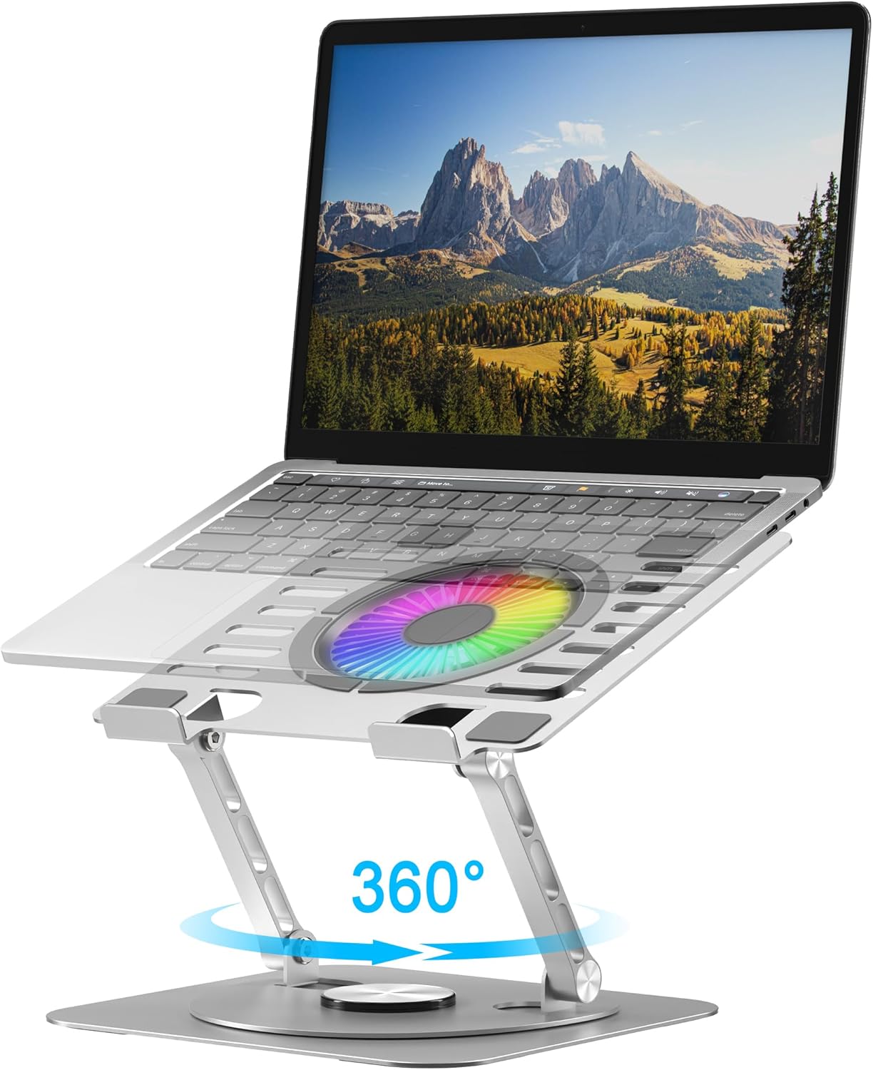 Laptop Stand,with 360°Rotating Base,External Cooling Fan,Adjustable RGB Lighting,Ergonomic Foldable Notebook Computer Holder.Compatible with All 10-17" Laptops Tablets,Silver