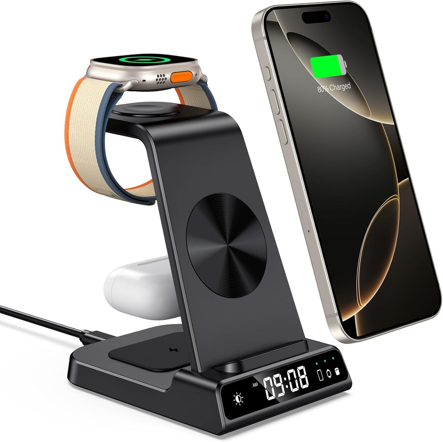 leChivée Wireless Charger for Apple Devices, 3 in 1 Wireless Charging Station Dock for iPhone 16 Pro Max/16 Pro/15/14/13/12, Apple Watch Charger for iWatch Ulltra 2/9/8/7/SE/6/5/4/3, AirPods Pro/4/3