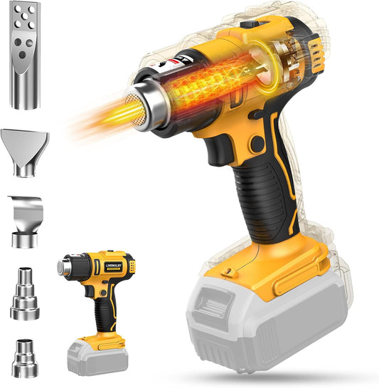 LIVOWALNY Cordless Heat Gun Compatible with Dewalt 20v Battery, 350W Fast Heating Soldering Hot Air Gun 122℉-1022℉ Variable Temperature Control with 5 Nozzles for DIY Craft, Shrink Tubing (No Battery)