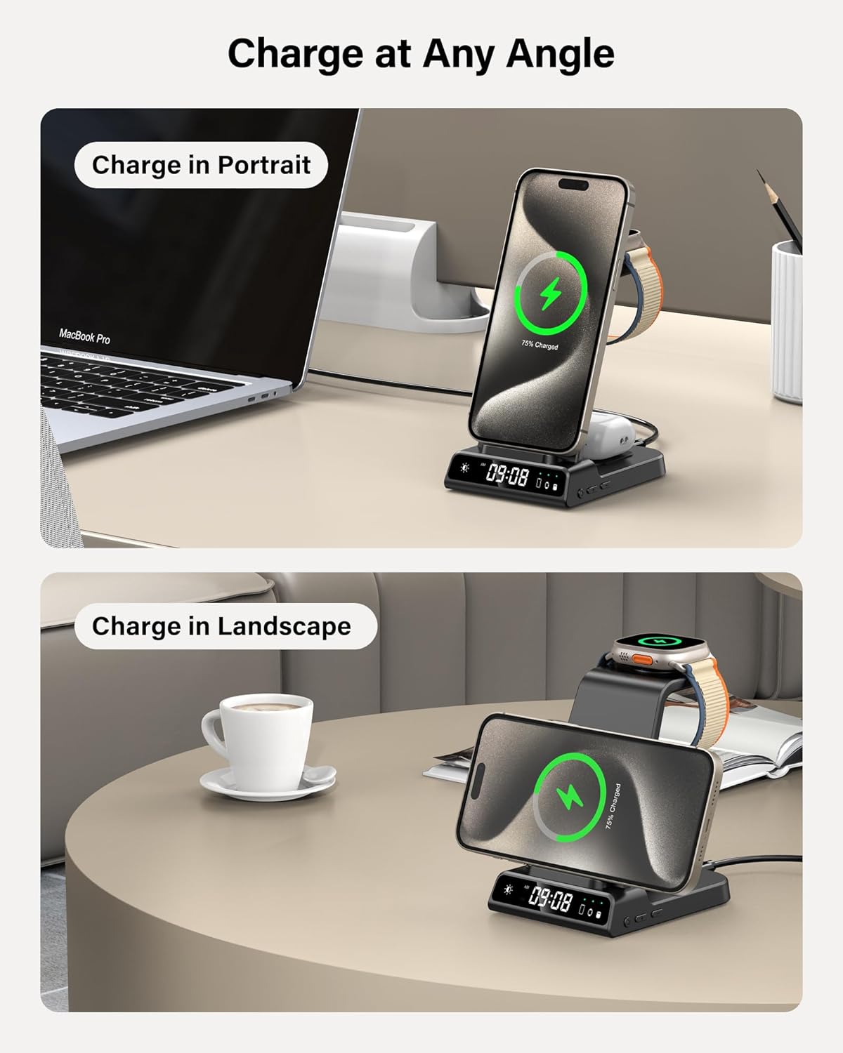 leChivée Wireless Charger for Apple Devices, 3 in 1 Wireless Charging Station Dock for iPhone 16 Pro Max/16 Pro/15/14/13/12, Apple Watch Charger for iWatch Ulltra 2/9/8/7/SE/6/5/4/3, AirPods Pro/4/3