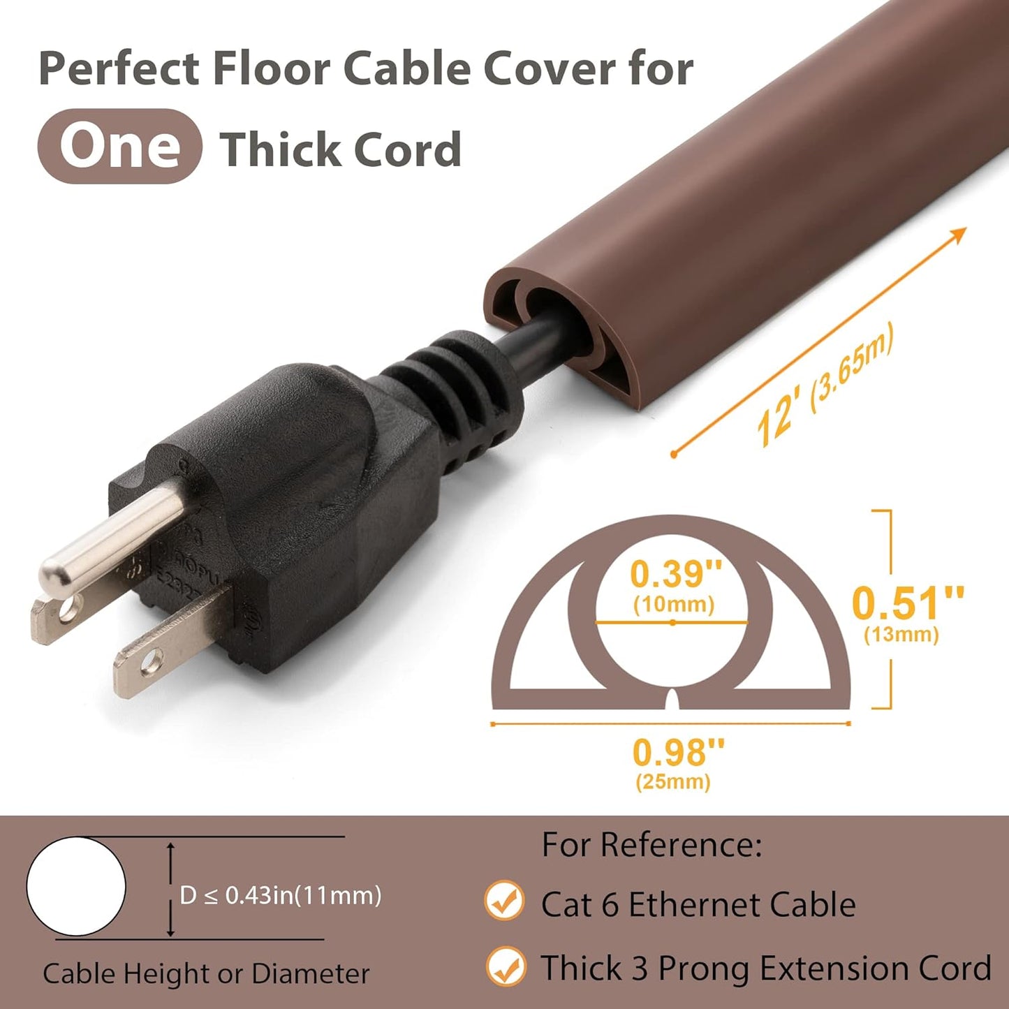 12ft Cord Cover Floor for Extension Cords, Self-Adhesive Floor Cable Cover to Protect Cables & Prevent Tripping, PVC Cord Hider Protector, Internal Wire Management Channel Diameter: 0.39", Brown