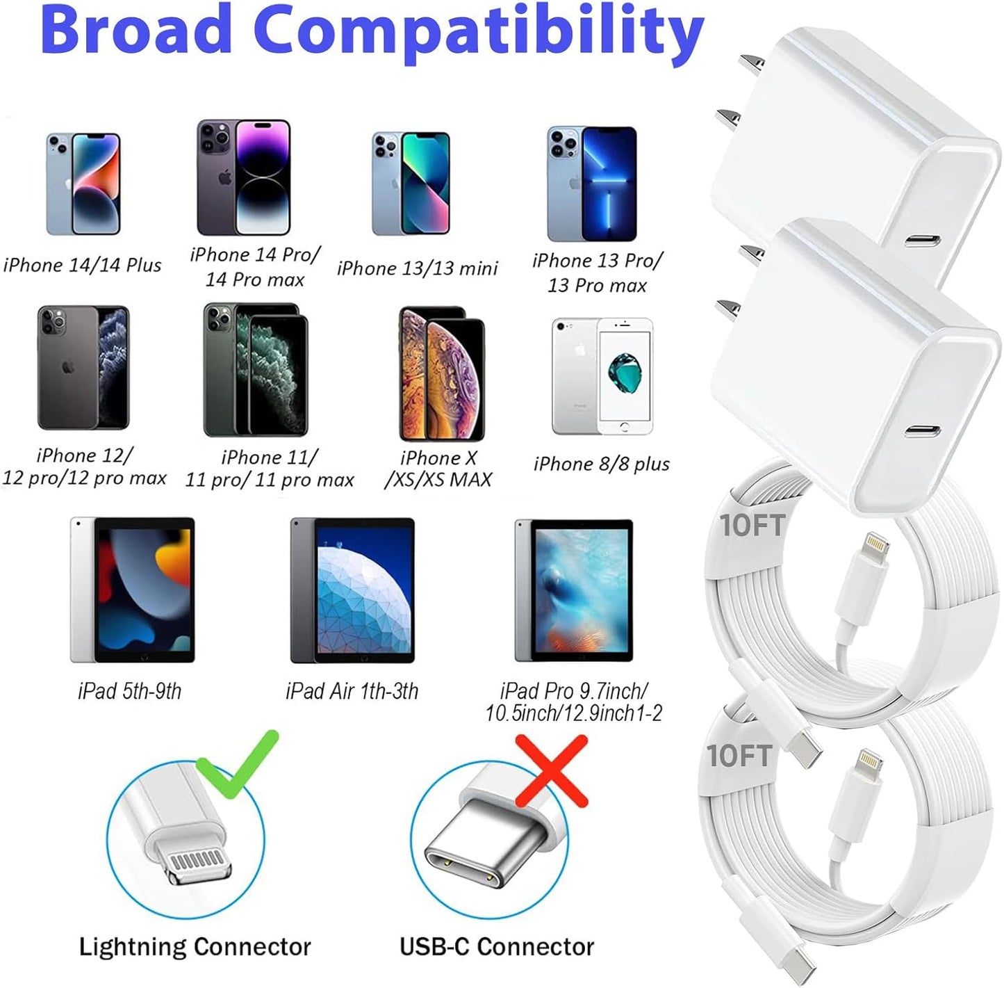 10FT iPhone Fast Charger,2Pack[Apple MFi Certified]iPhone Fast Charging USB C Blocks Wall Charger PD Adapter with Long 10 Foot USB C to Lightning Cable for i Phone14/13/12/11Pro Max/XS/SE/AirPods,iPad
