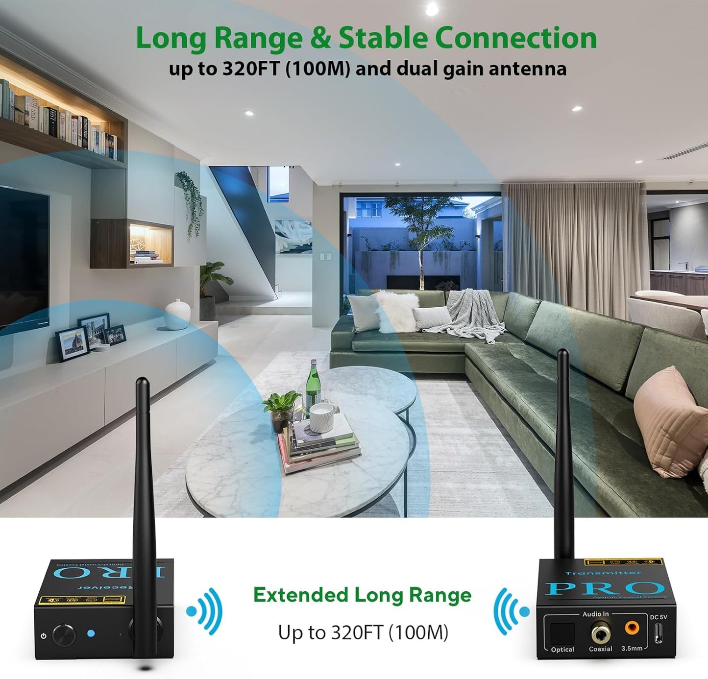 1Mii 2.4GHz Wireless Audio Transmitter and Receiver, HiFi Audio, 20ms Low Latency, 320ft Long Range Wireless Subwoofer Kit for Speaker/Stereo/Soundbar,Optical/Coaxial/3.5mm(RCA) Ports.