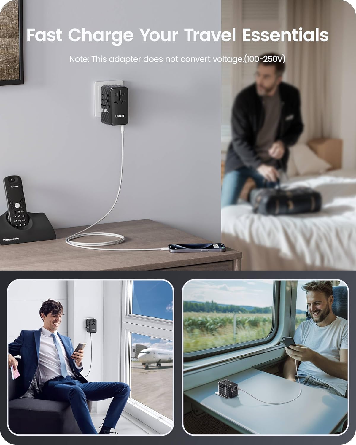 LENCENT 120W Universal Travel Adapter, GaN International Travel Adapter with 3 USB-C 1 USB-A Ports, Worldwide Fast Charger for Cameras Phones, All in One Power Converter for USA EU UK AUS Black