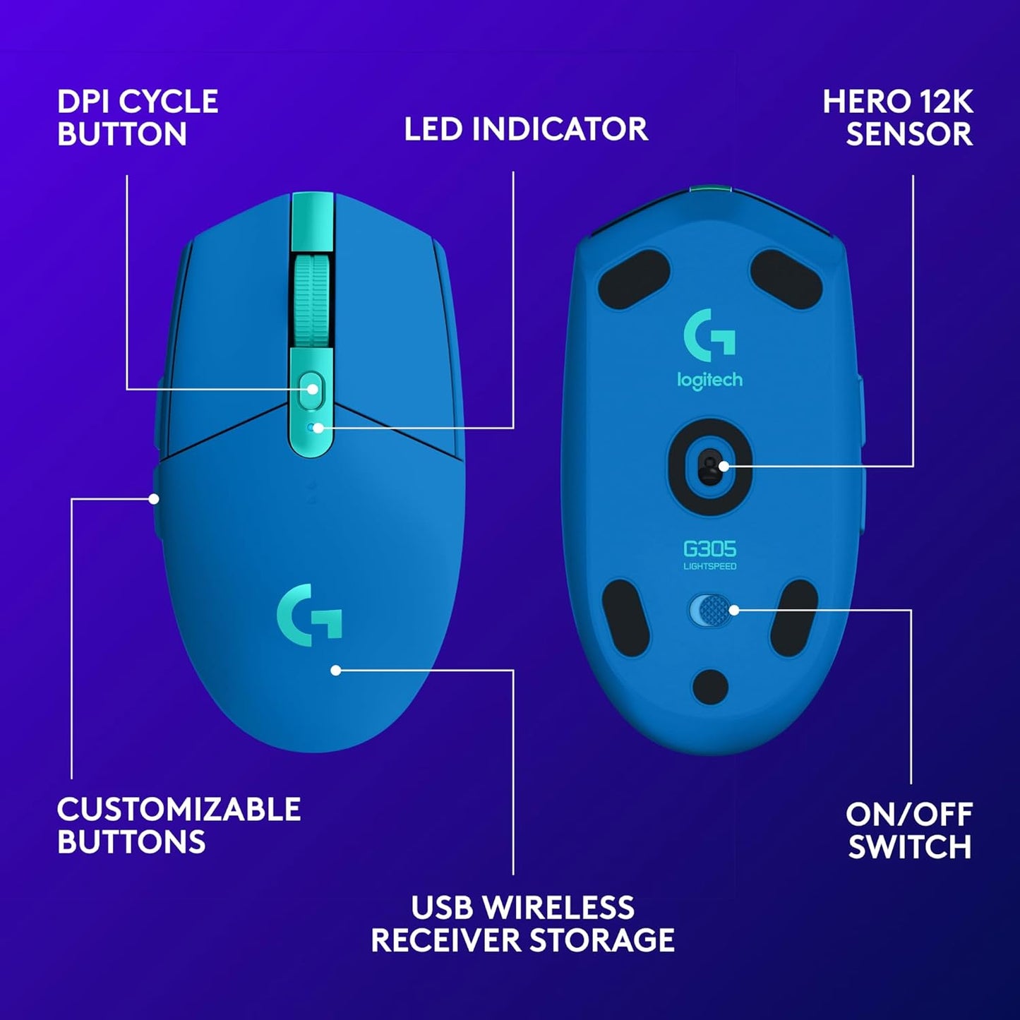 Logitech G305 LIGHTSPEED Wireless Gaming Optical Mouse, Hero 12K Sensor, 12,000 DPI, Lightweight, 6 Programmable Buttons, 250h Battery Life, On-Board Memory, PC/Mac - Blue