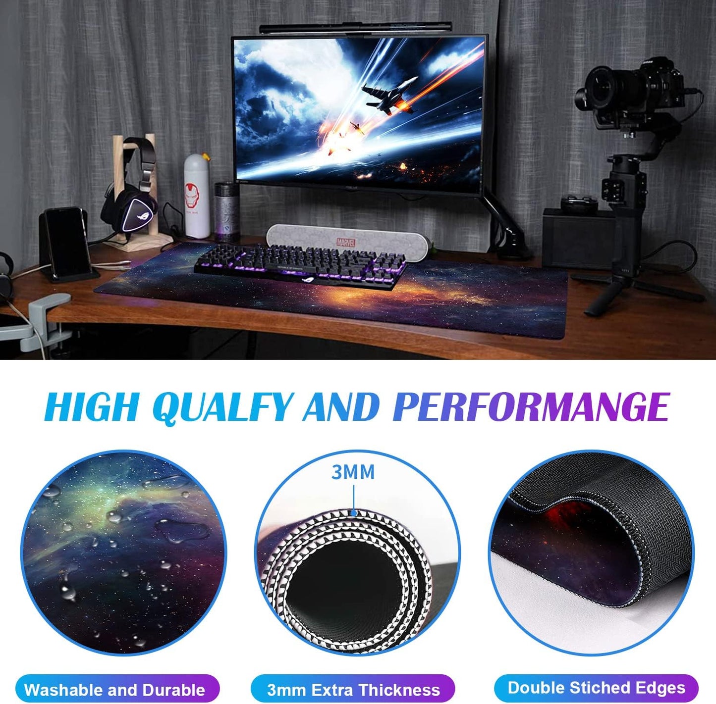 Large Extended Gaming Mouse Pad with Stitched Edges, Non-Slip Waterproof Rubber Base Mouse Pad for Office, Computer, Keyboard, Laptop and Home Desk Pad 35.4 x 15.7 x 0.12 Inch (Starry Sky)