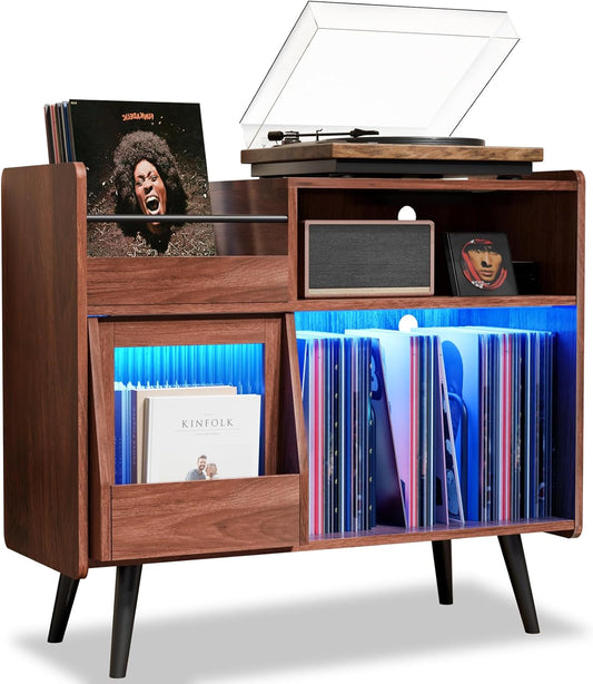 Large Record Player Stand with Sliding Door,350 Vinyl Record Storage Cabinet, Record Player Table with Power Outlet and LED Light,Turntable Stand with Wood Legs for Living Room,Office