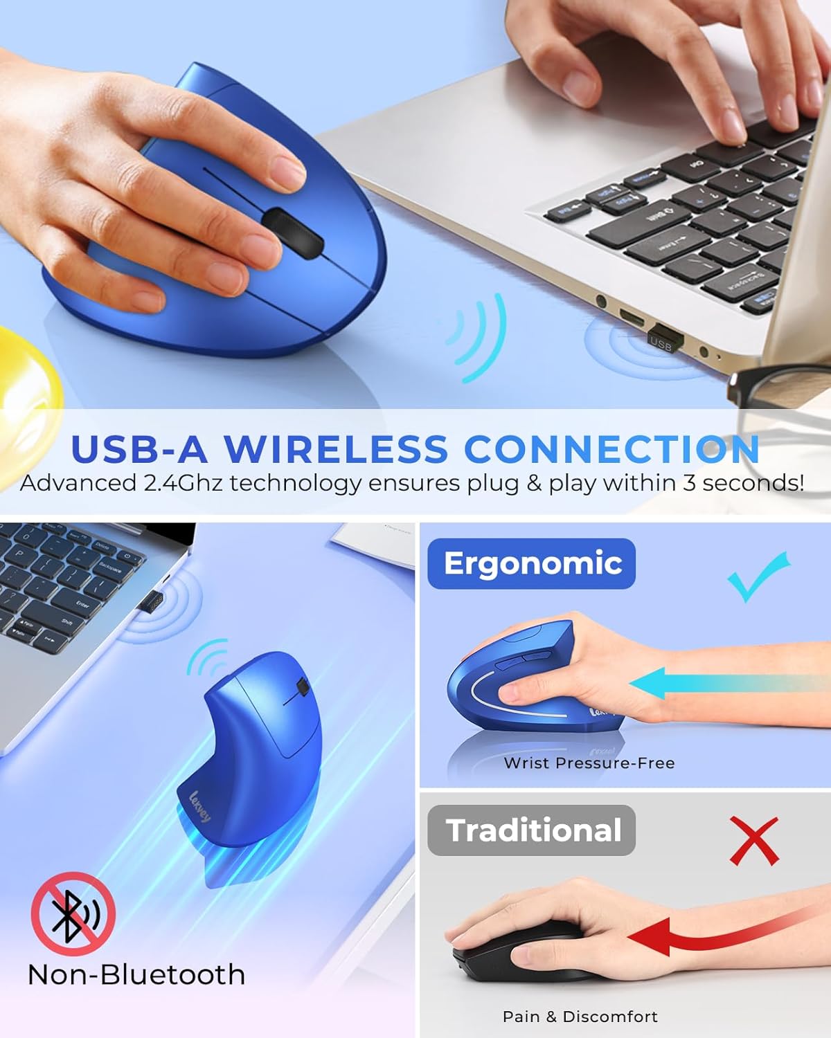 Lekvey Ergonomic Mouse, Vertical Wireless Mouse Rechargeable 2.4G USB Optical Carpal Tunnel Mice : 3 DPI 800/1200/1600 Levels 6 Buttons, for Laptop, PC, Computer, Desktop, Notebook etc, Blue
