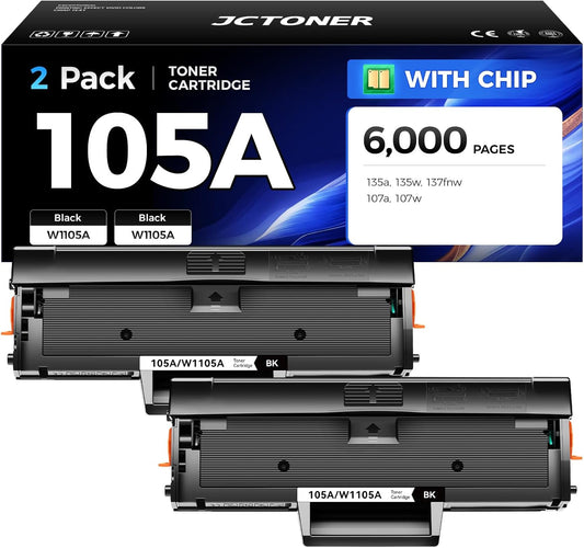 105A Black Toner Cartridge Combo Set 2-Pack with chip High Yield Replacement for HP 105A W1105A Toner Cartridges Compatible with HP Laser MFP 135a 135w 137fnw 107a 107w Printer Ink 135 137 107 Series