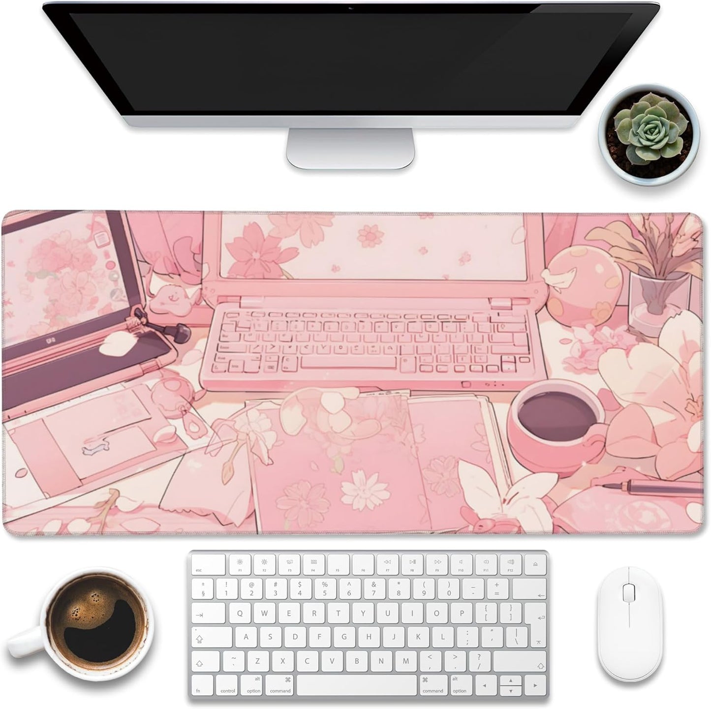 Large Gaming Mouse Pad for Desk,Pink Kawaii Anime Girl Desk Desk Mat,Kawaii Anime Desktop Desk Pad,Extended Big Computer Keyboard Mouse Pad with Non-Slip Base and Stitched Edge,35.4"x15.7"