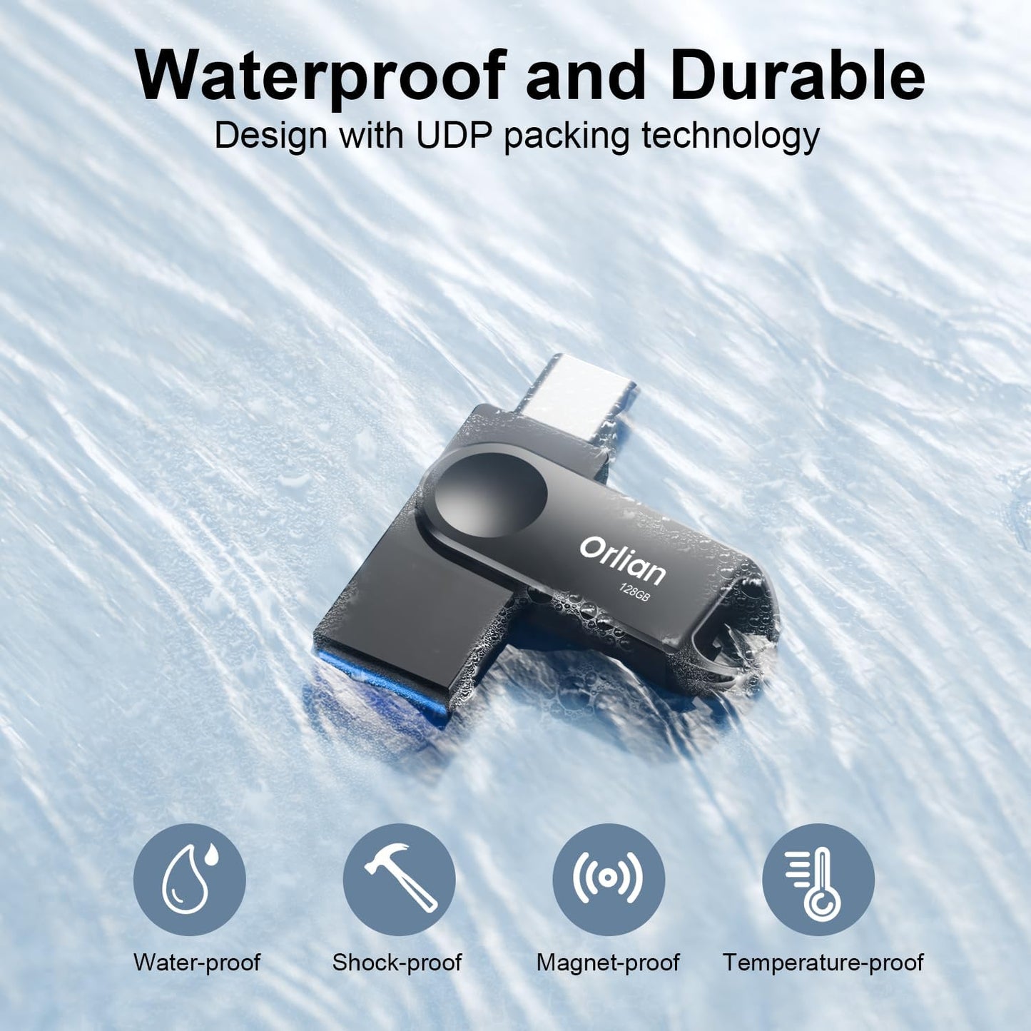 128GB Dual USB Type C +A Flash Drive 2-in-1 OTG USB 3.0 Thumb Drive Metal UDP Waterproof Swivel Design Portable for PC Laptop Tablet Android Smartphone iPhone 15 and More, Black