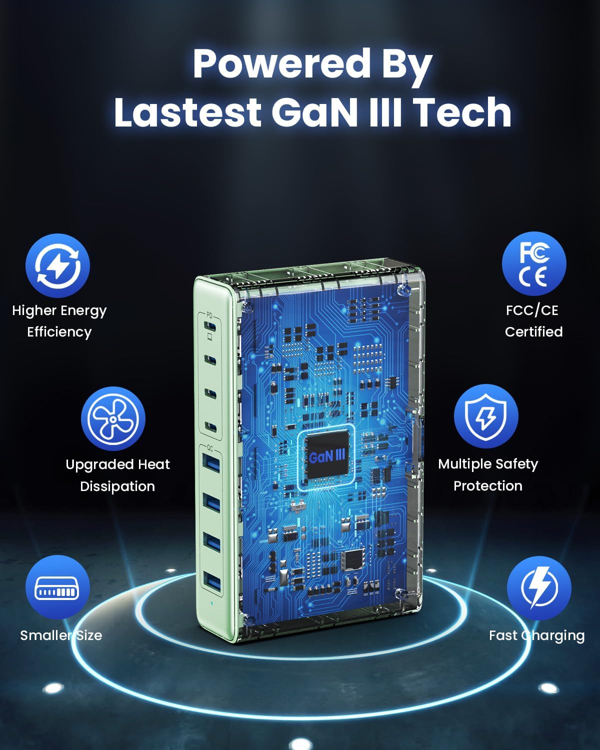 105W USB C Charger Block,8-Ports GaN III Fast Charging Station Hub,QC4.0+PD 65W Laptop Charger Wall Chargers Power Adapter for MacBook Pro/Air,DELL,Steam Desk,iPhone 16/15,iPad,Galaxy S25,Pixel-Green