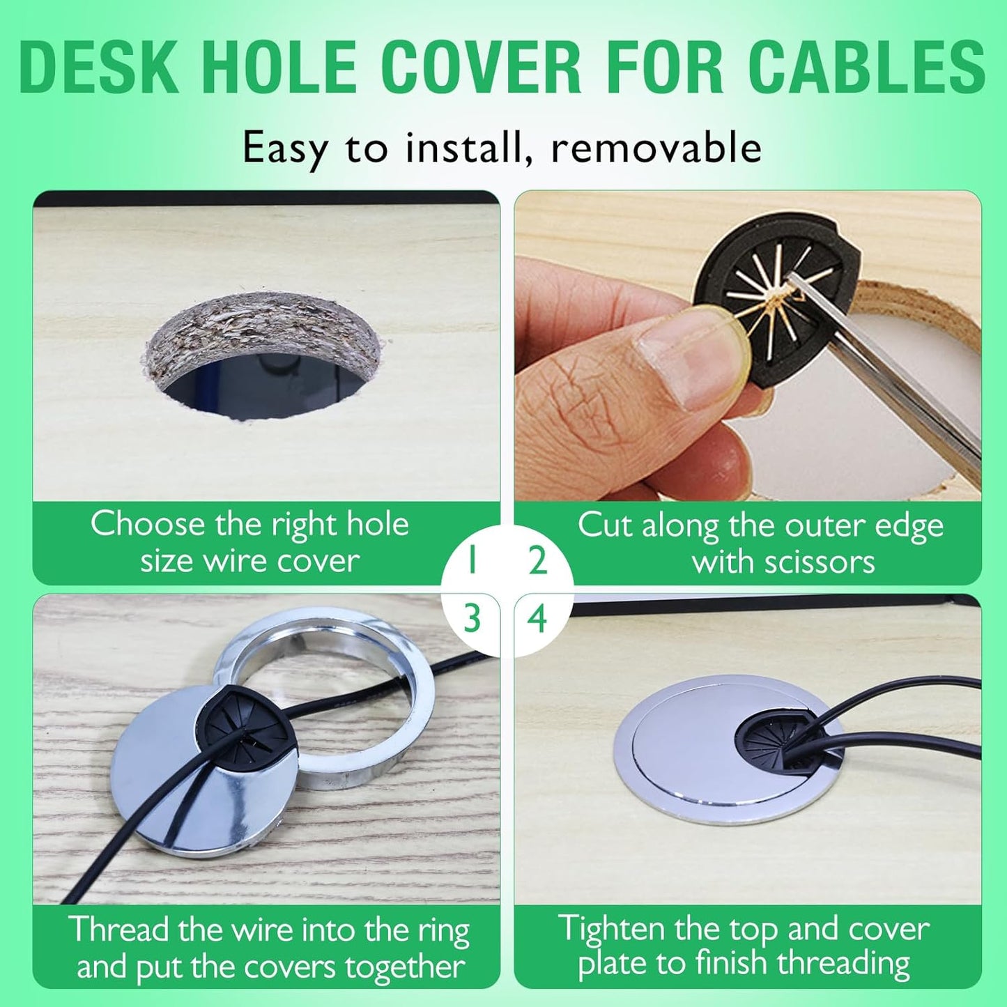 1 Pcs Desk Grommet 2-3/8" / 60 mm, Desk Cord Hole Cover, Cable Grommet Metal Zinc Alloy Materilal, Desk Hole Grommet for Home & Office Pc, Detachable Cable Cord Organizer-Matte Silver