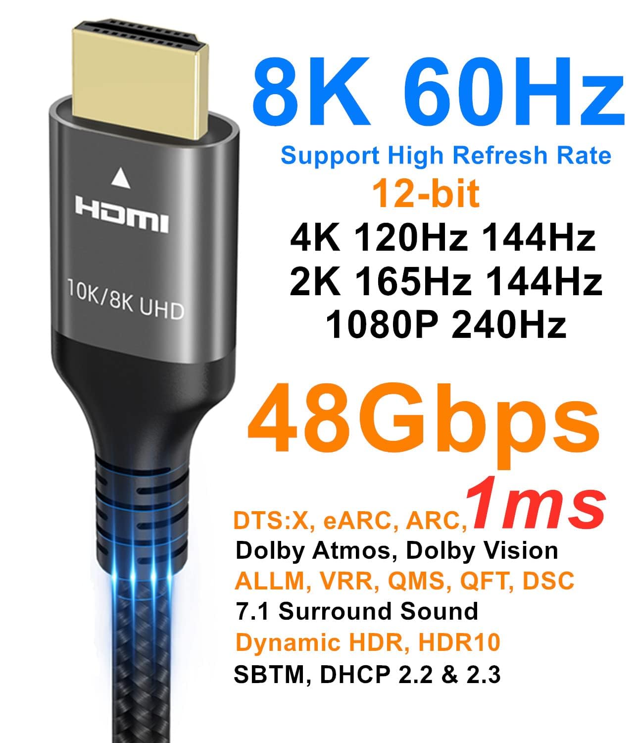 10K 8K 4K HDMI Cable 48Gbps 8 FT, Certified Ultra High Speed HDMI® Cable 4K 240Hz 144Hz 120Hz 8K60Hz 0.01ms HDR10+ eARC HDCP2.3 Netflix Roku TV PC Monitor Projector PS5 X-Box