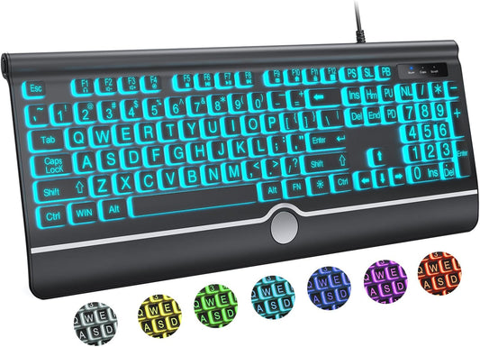 Large Print Backlit Computer Keyboard, USB Full Size Wired Keyboards with 7-Colors Backlight, Wrist Rest, Light Up Keyboard for Windows, PC, Laptop - Easy to See, Easy to Setup