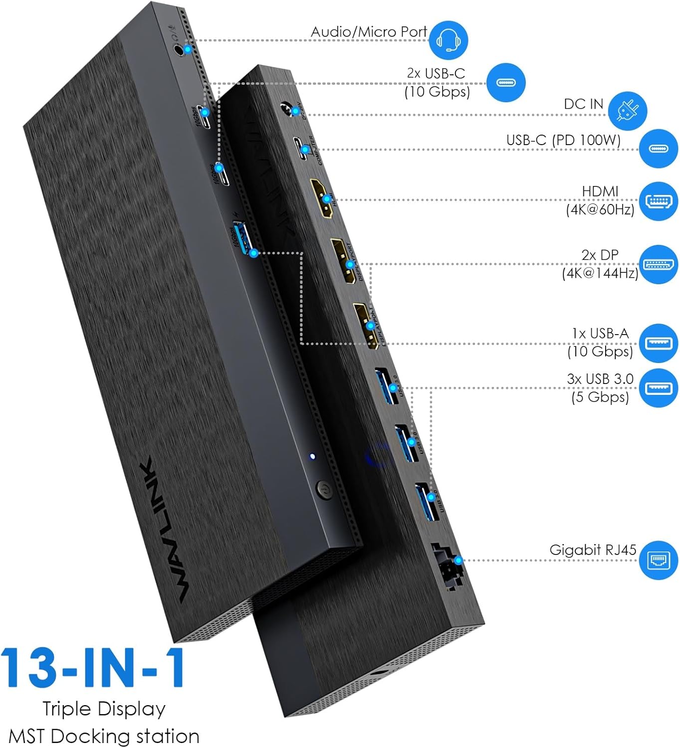 Laptop Docking Station, Docking Station 3 Monitors with 2* DP+HDMI, 130W PD Charger, USB-C/A 10Gb, 3* USB-A 5Gb, Audio, Gigabit Ethernet for Lenovo HP Dell, Windows System Computer