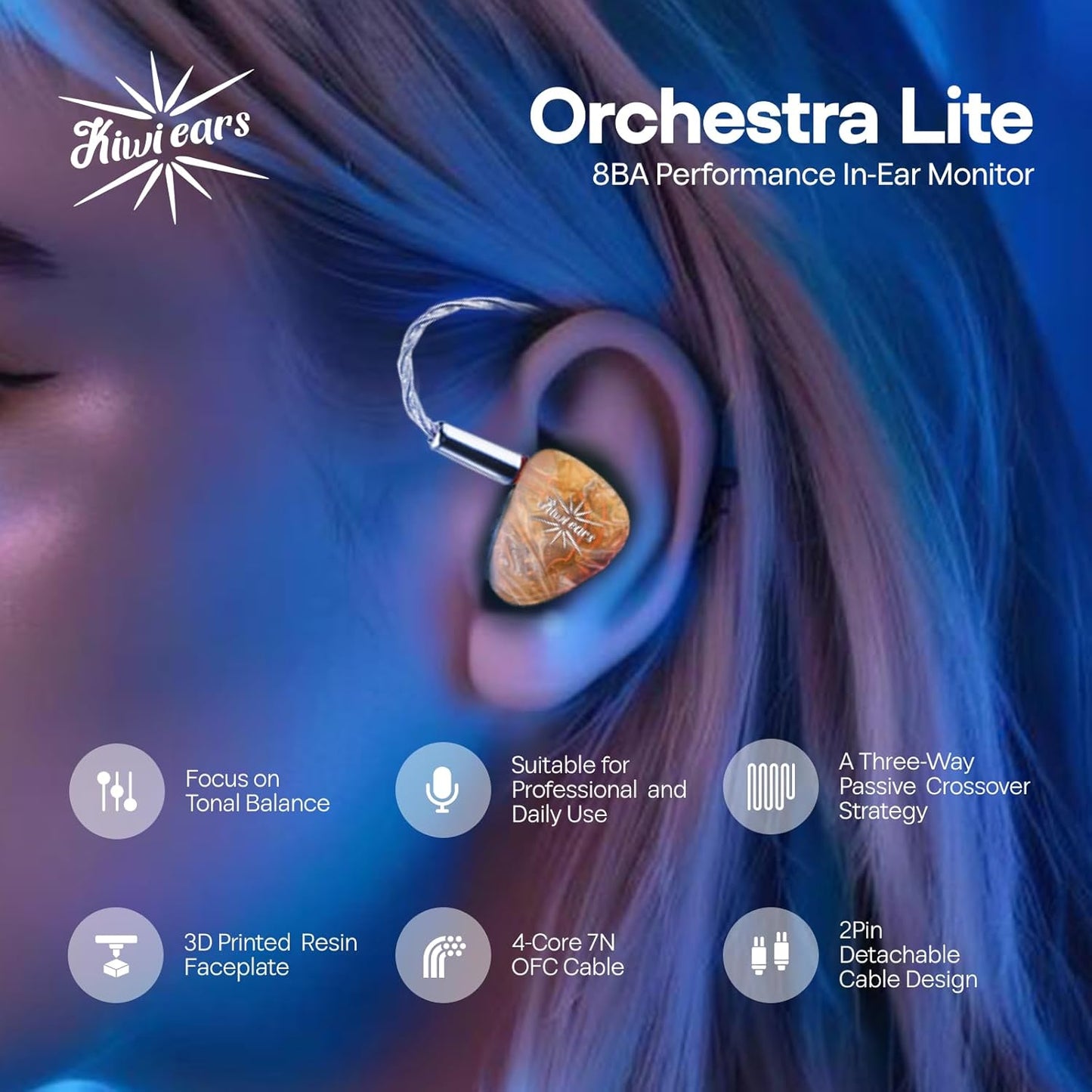 Linsoul Kiwi Ears Orchestra Lite Performance Custom 8BA in-Ear Monitor IEM with Detachable 4-core 7N Oxygen-Free Copper OFC Cable, Handcrafts Faceplate for Audiophile Studio Musician (Orange)