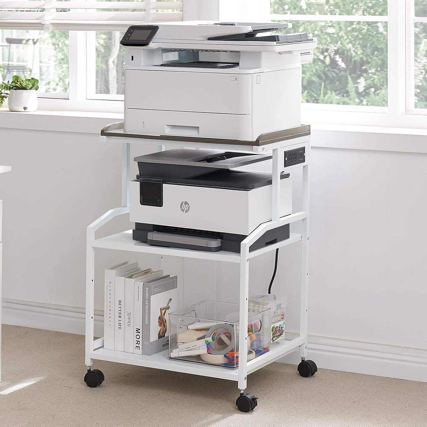 Lauren&Harold 34'' Printer Stand with Power Outlets & USB Ports, 3-Tier Adjustable Rolling Cart, Heavy Duty 150LBS Storage Table with Wheels for Office, Kitchen, Living Room, White