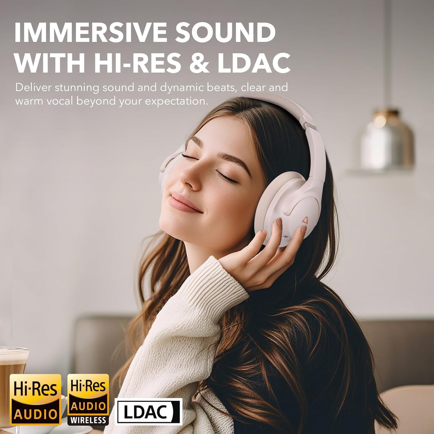 1Mii Y8+ Noise Cancelling Headphones Bluetooth, Wireless LDAC Hi-Res Audio, Custom EQ via App, 75H Playtime, Comfort Fit, Over Ear Headphones Foldable for Airplane Travel Home Office Cream White