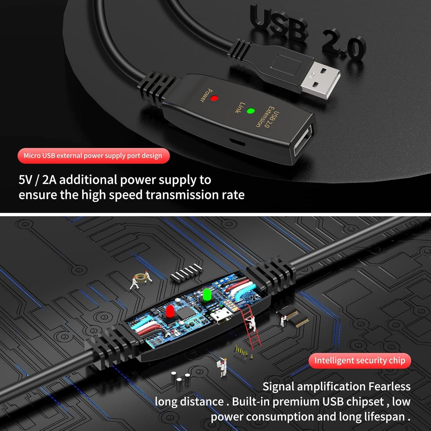 LDKCOK 150FT Active USB Extension Cable 2.0 Male to Female with A Extension chipset Signal Booster - Active Extension/Repeate