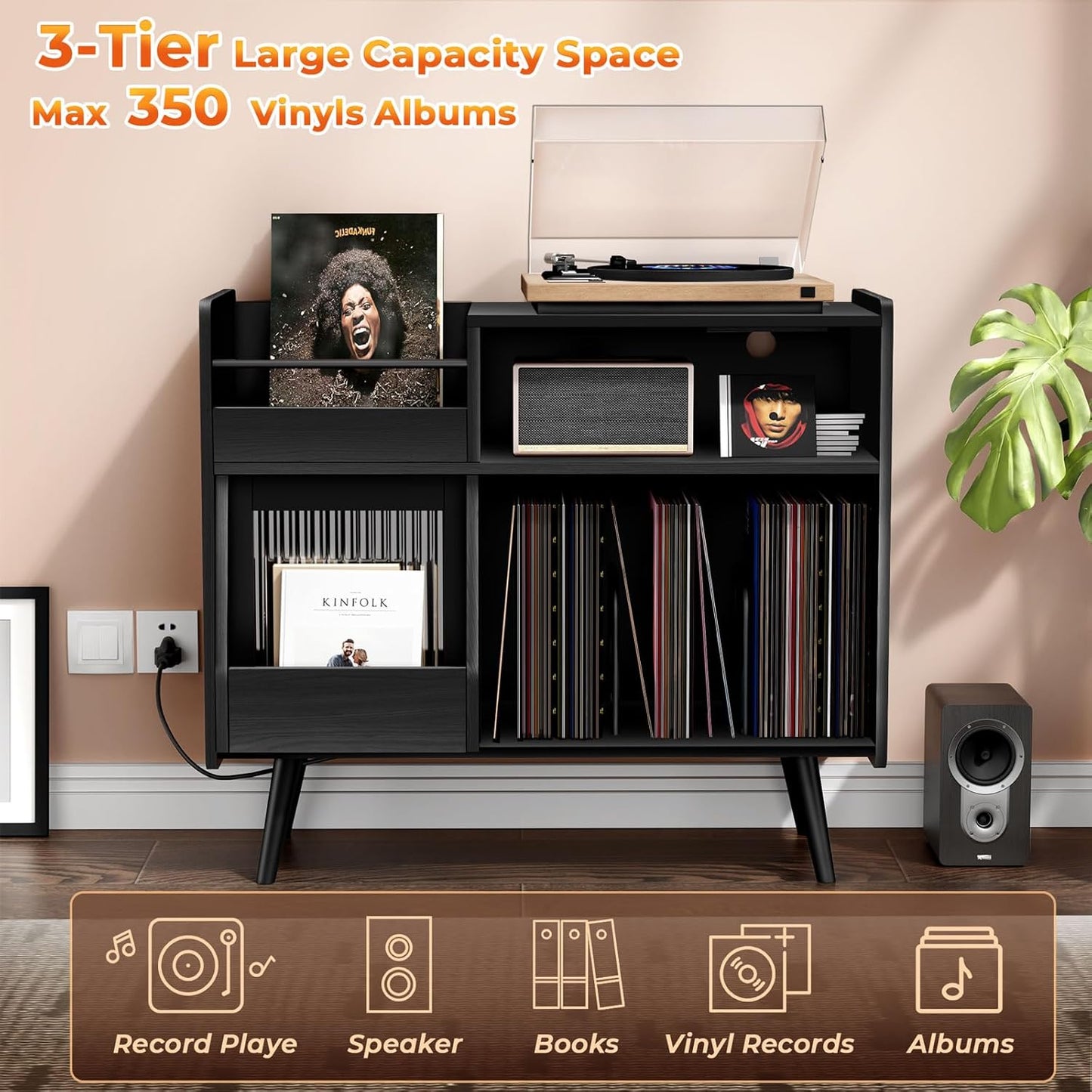 Large Record Player Stand with Sliding Door,350 Vinyl Record Storage Cabinet, Record Player Table with Power Outlet and LED Light,Turntable Stand with Wood Legs for Living Room,Bedroom,Office