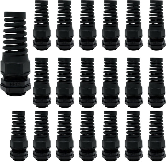 LeMotech 20Pcs NPT 1/2" IP68 Waterproof Cable Gland Flex Spiral Strain Relief Black Nylon Joint with Gaskets for 6-12mm Wire Thread