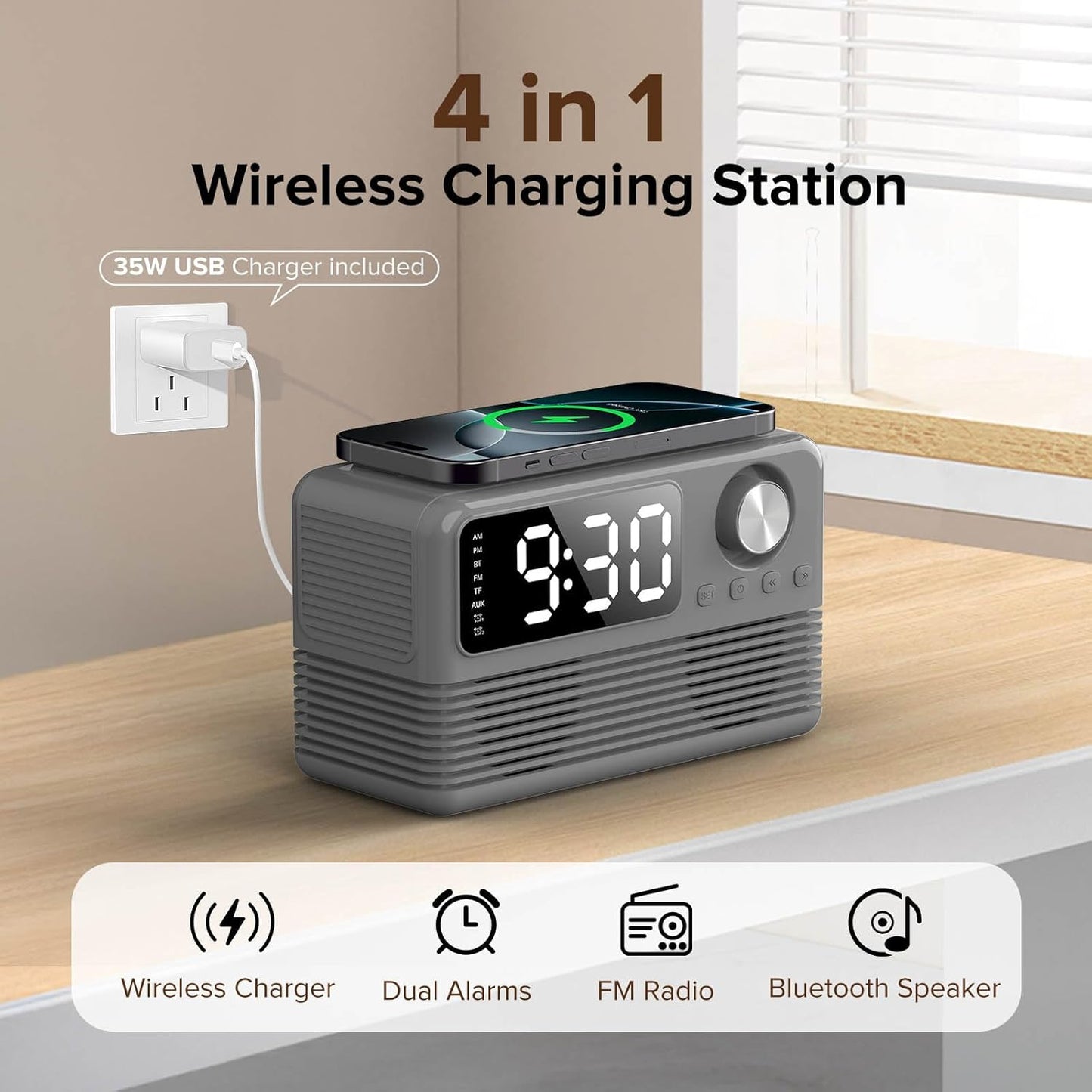 15W Fast Wireless Charger with Bluetooth Speaker and Alarm Clock Radio,4 in1 Wireless Charging Station for iPhone,Android Phones with FM Radio for Bedroom