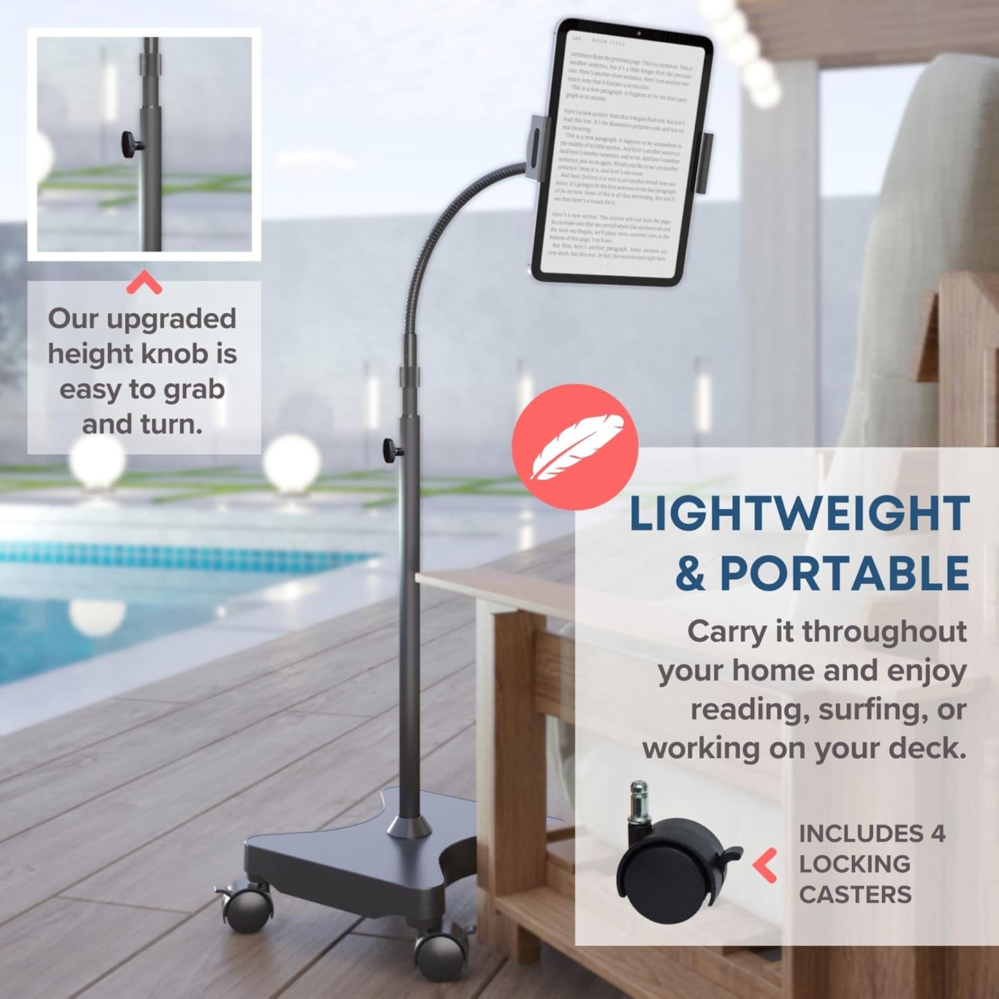 LEVO Adjustable Height Floor Stand on Wheels - Black with Casters - Tablet & Phone Holder with Gooseneck Mount, Stable Base - Compatible with All Cell Phones & Tablets (4-13 inch)