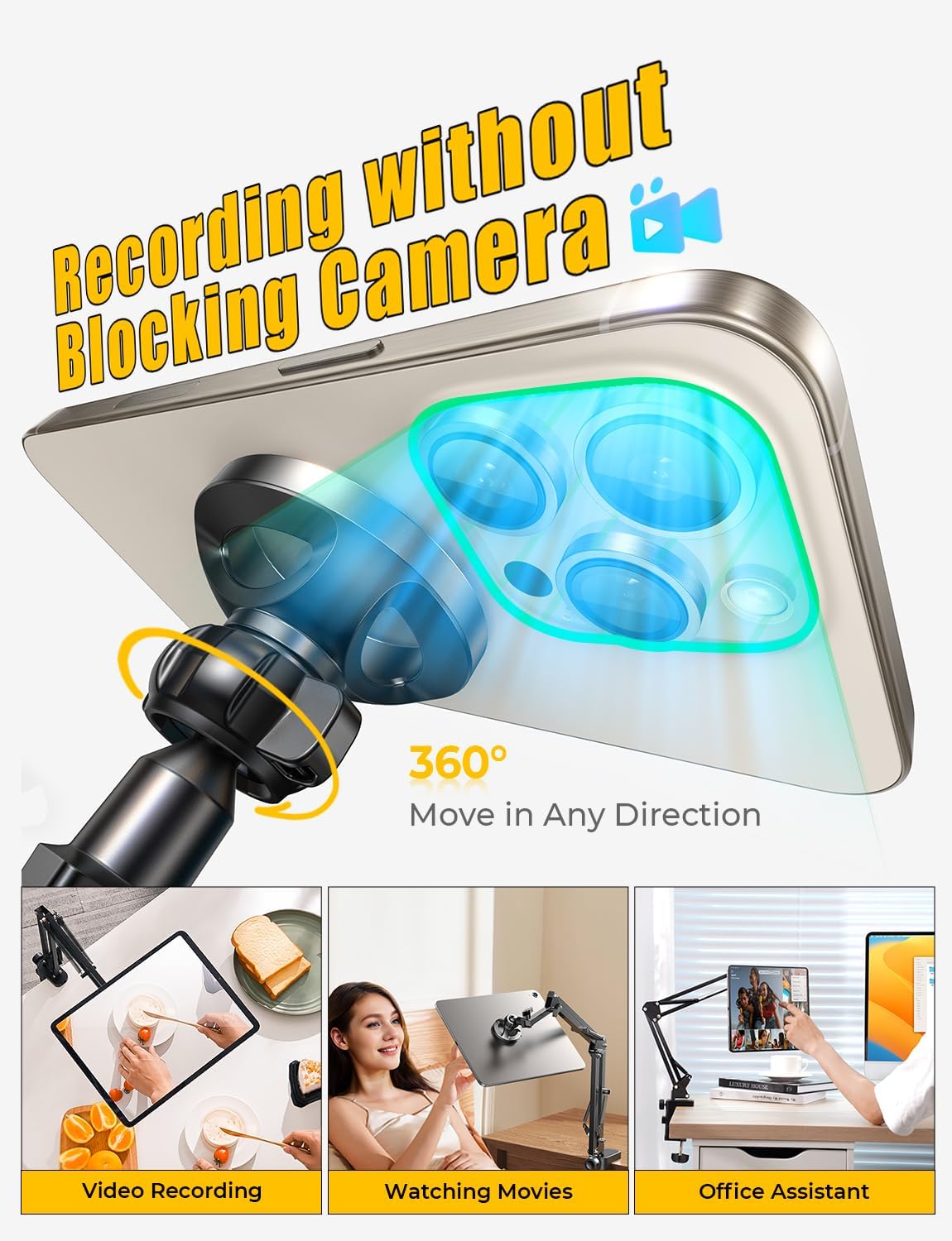 LISEN Gooseneck Phone Holder for Bed Magsafe Phone Stand for iPhone 16 15 Stand Holder for Desk Adjustable for Magsafe Accessories Recording for iPhone Mount for Filming Camera Laying Down