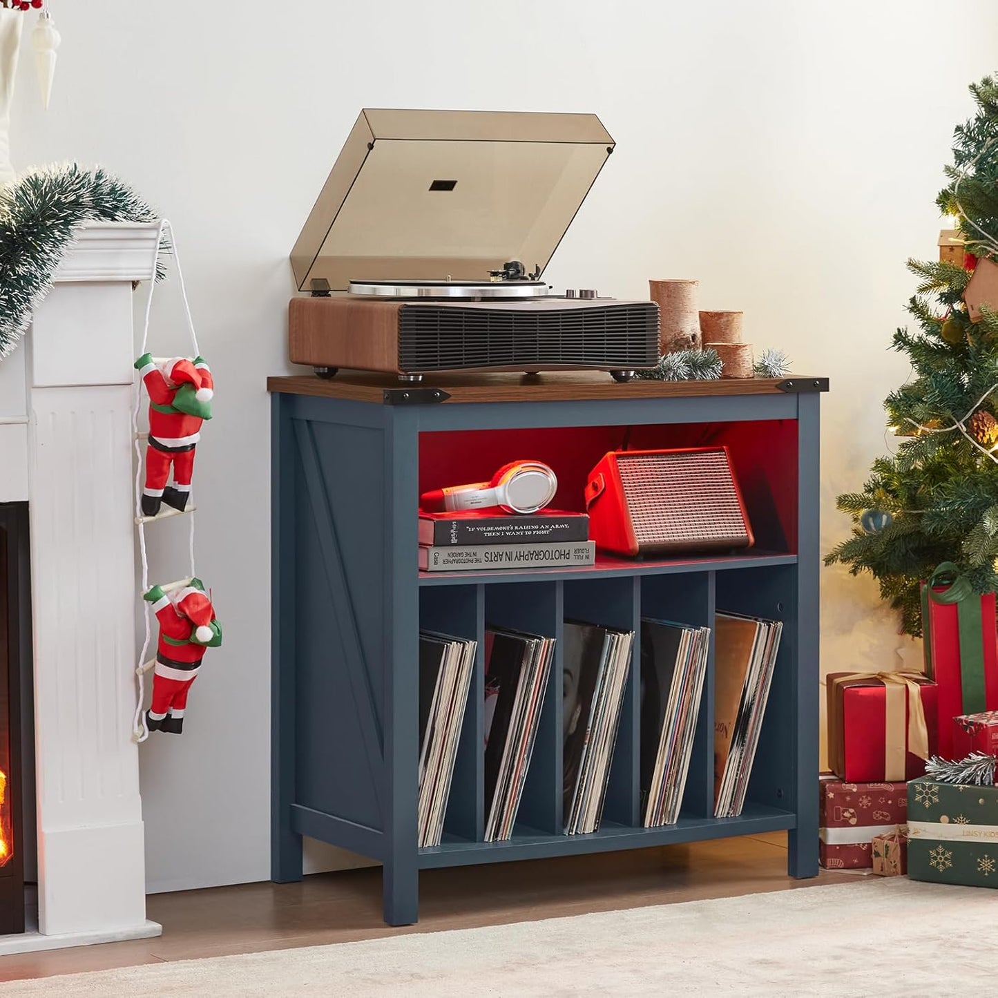 Large Record Player Stand with Charging Station & LED Lights, Vinyl Records Storage Holder Cabinet Holds up to 230 Albums, Turntable Stand for Music Room, Bedroom, Living Room, Office (Blue)