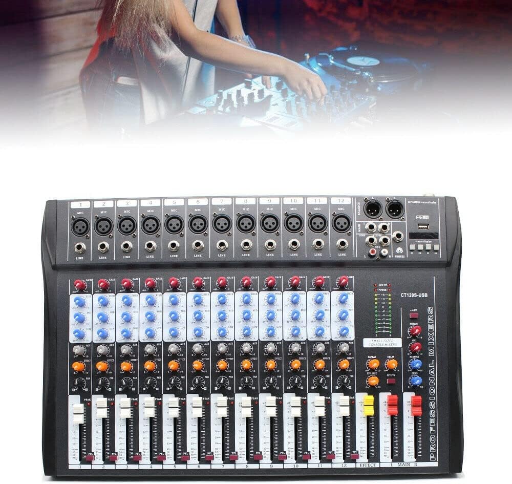 12 Channel Audio Mixer, DJ Soundboard Sound Mixer Console with Xlr, Line Inputs & 48V Phantom Power, Studio Audio Mixer KTV Sound Mixing Console for Professional and Beginners (12-Channel)