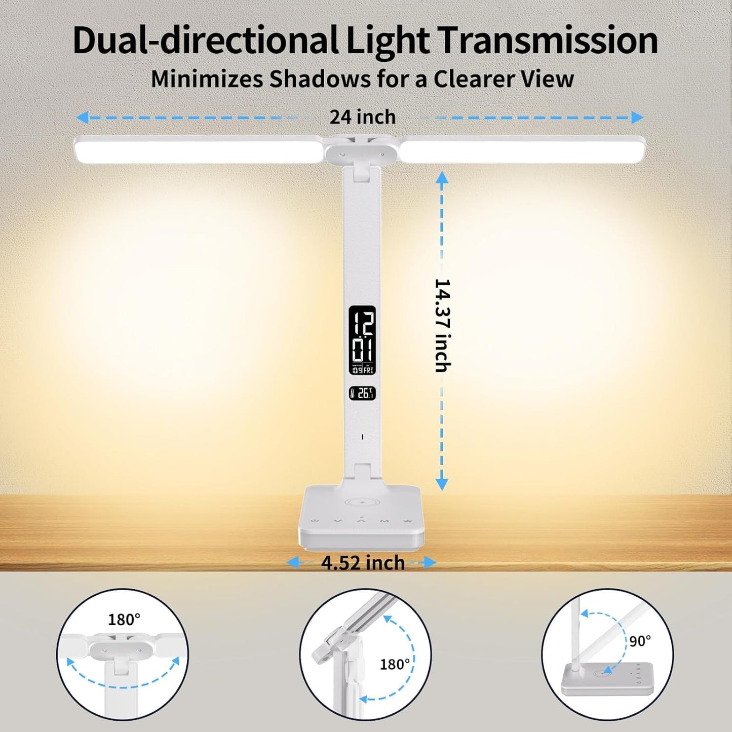 LED Desk Lamp with Charger, USB Charging Port, Dual Swing Arm Desk Light with 5 Brightness, 3 Colors, Table Lamp with Clock, Alarm, Date, Temperature, Desk Lamp for Home Office Study (White)