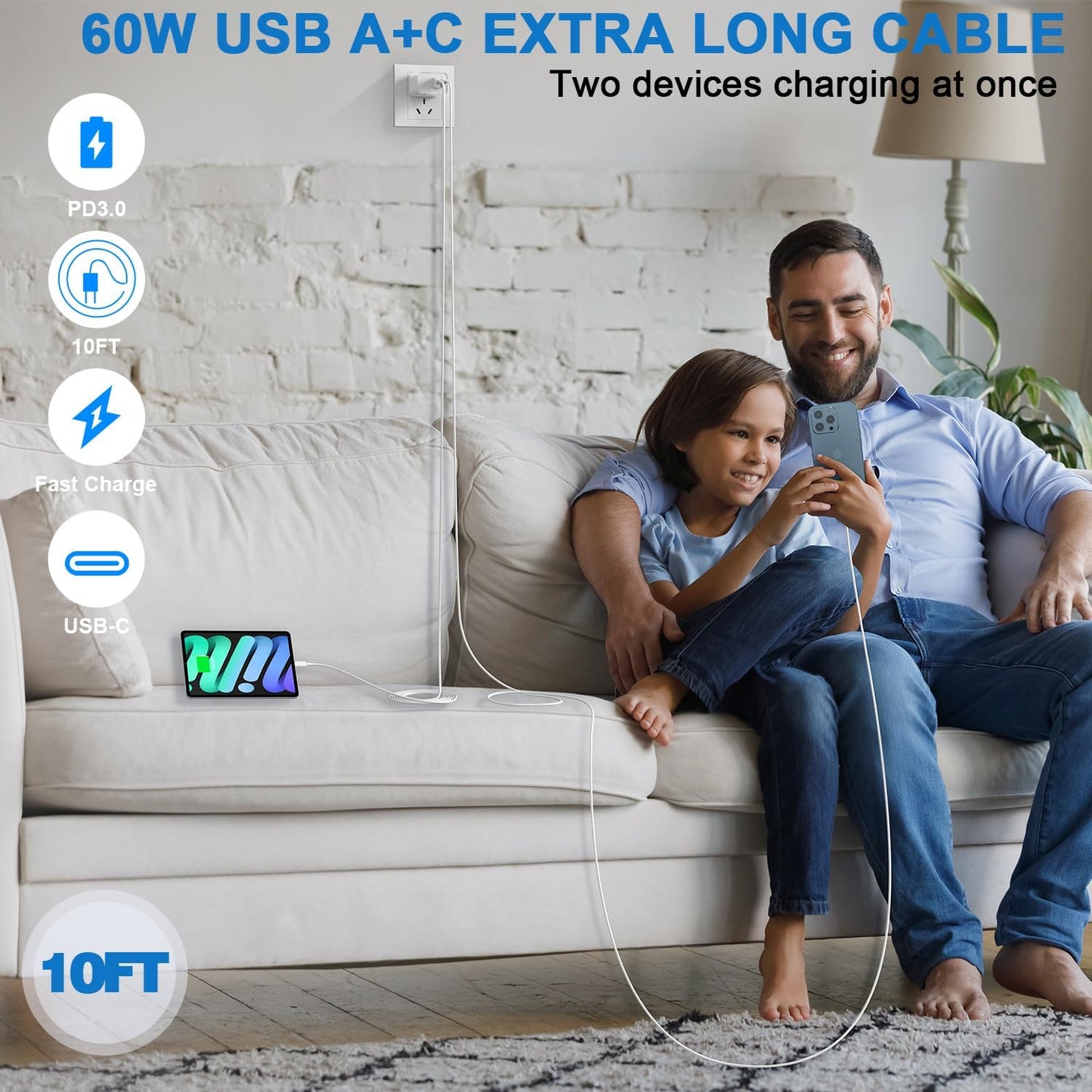 10FT iPhone 16e Fast Charger,2Pack 20W Dual Port USB C+A Power Adapter 10Foot Long USB C to C Fast Charging Cable Cord Quick Charging for iPhone 16e/16/16 Pro/15/15 Pro/Pro Max/Plus,iPad Pro/Air/Mini