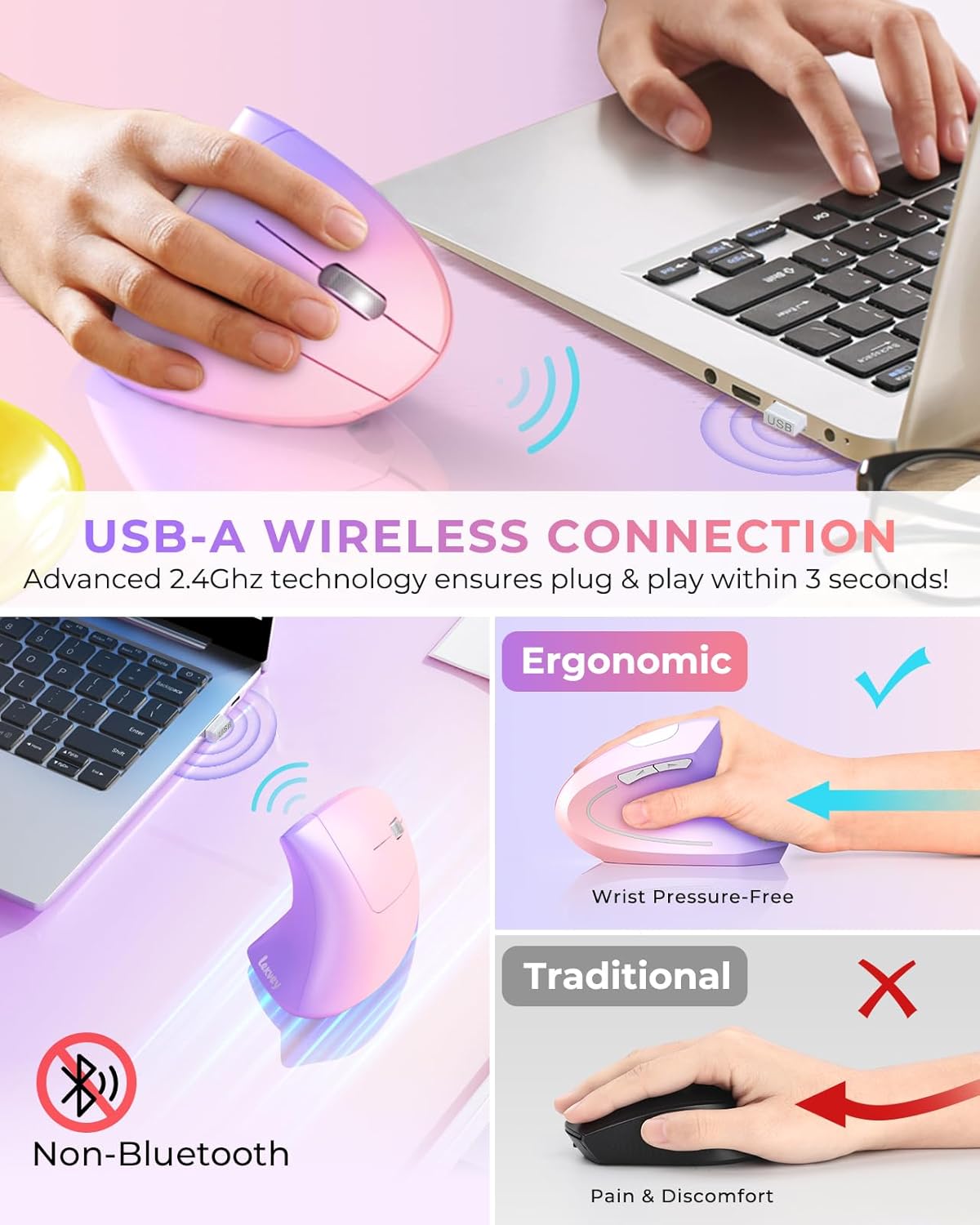 Lekvey Ergonomic Mouse, Vertical Wireless Mouse Rechargeable 2.4 GHz Optical Carpal Tunnel Mouse : 800/1200 / 1600 DPI, 6 Buttons, for Laptop, PC, Computer, Desktop, Notebook etc, Pink to Purple